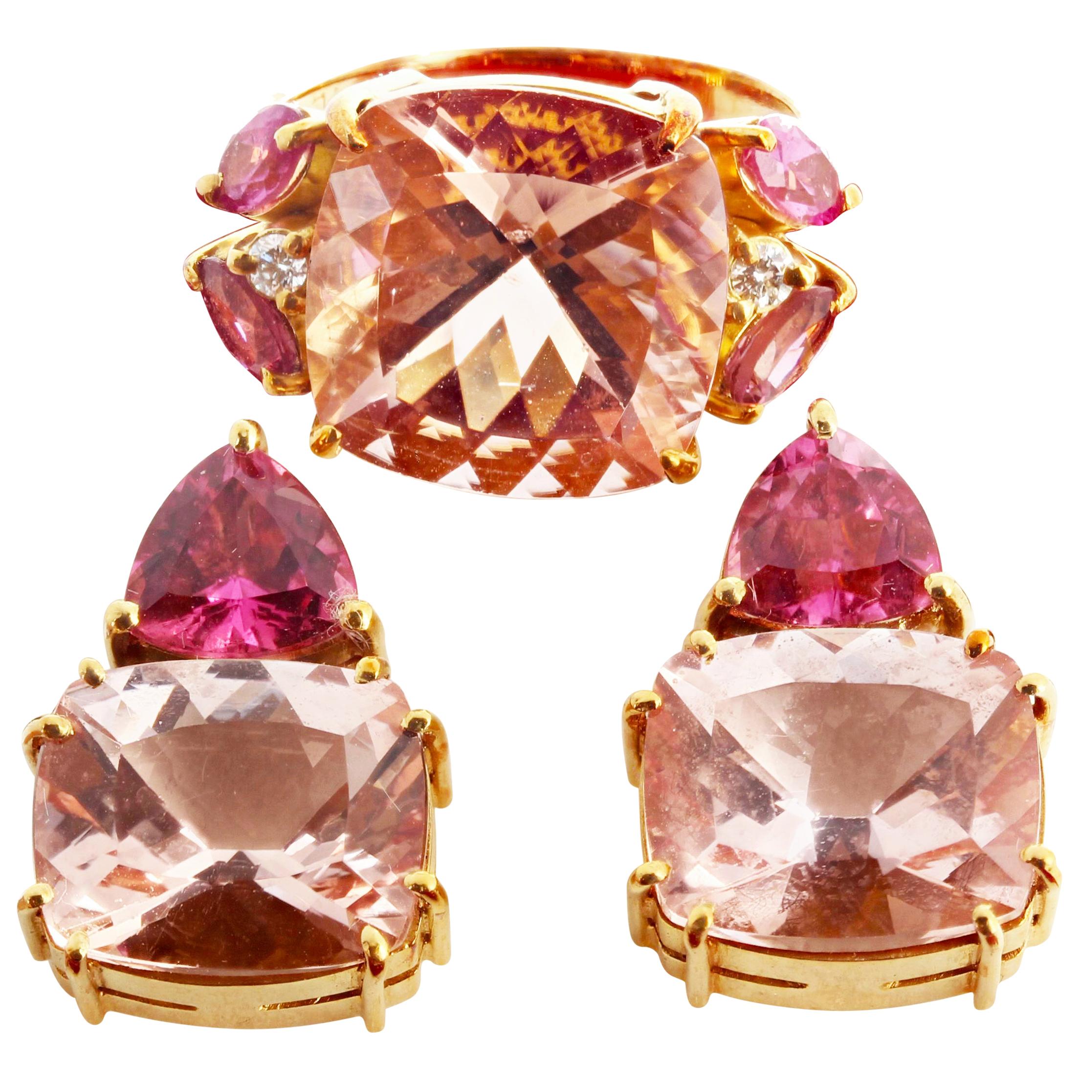 AJD SUPERB Natural Morganite & Rubelite Tourmaline 18Kt Gold Ring &Stud Earrings For Sale