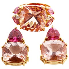 AJD SUPERB Natural Morganite & Rubelite Tourmaline 18Kt Gold Ring &Stud Earrings