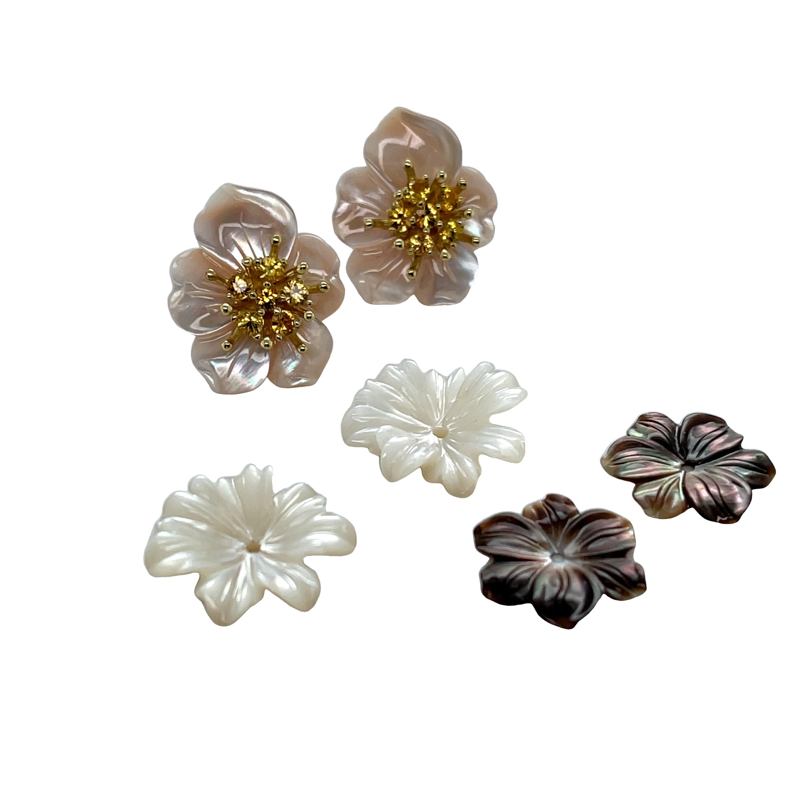 These hand-carved mother-of-pearl floral earring jackets pair beautifully with our yellow sapphire stamen posts, but can also be mixed and matched with stud earrings you already own! Three different hues - warm, iridescent mocha, elegant pearlescent