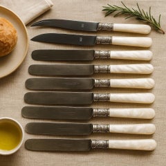 Set of Mother-of-Pearl Handled Knives (Fruit & Butter), Sterling Silver Accents