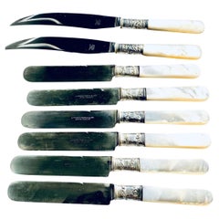 Used Set of Mother-of-Pearl Handled Knives (Fruit & Butter), Sterling Silver Accents