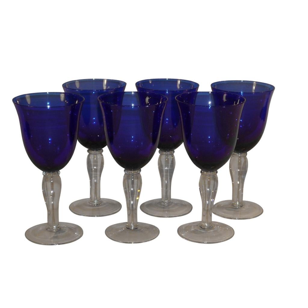 Art Deco Set of Mouth-Blown Wine Glasses Made of Cobalt Glass, Italy, circa 1920