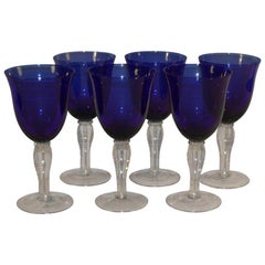 Antique Set of Mouth-Blown Wine Glasses Made of Cobalt Glass, Italy, circa 1920