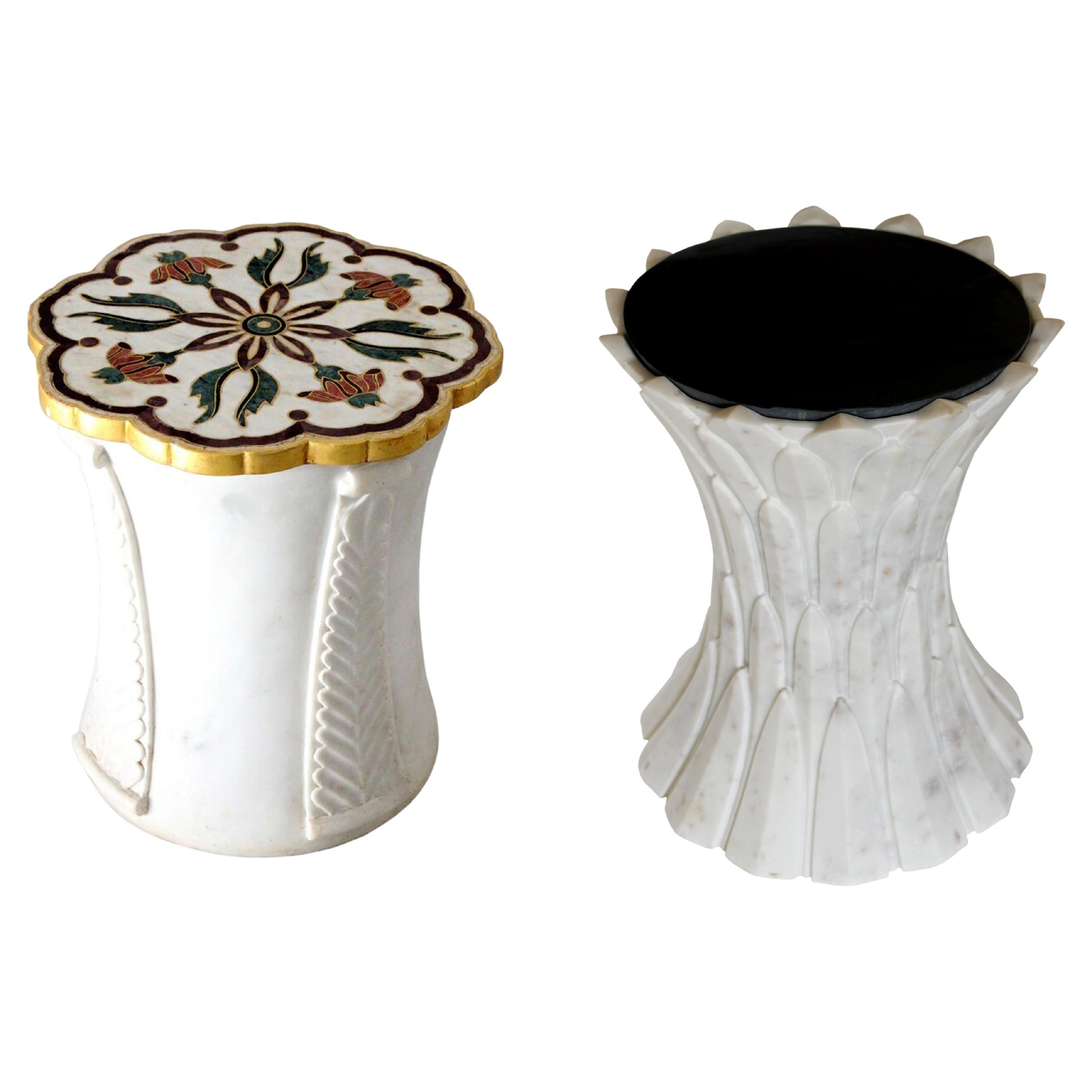 Set of Mughal Side Table and Feathers Table in White Marble Handcrafted in India For Sale