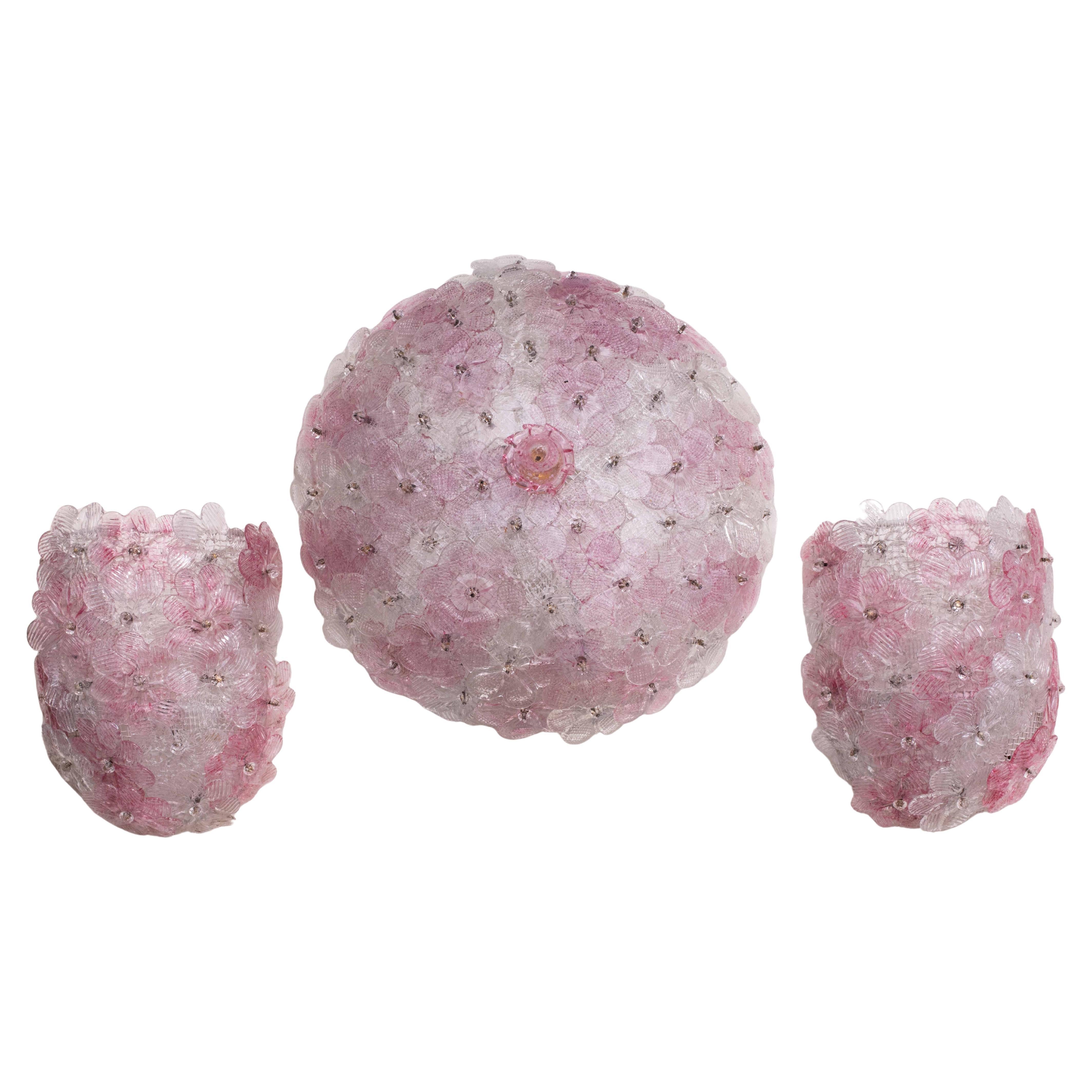 Set of Murano Ceiling Light and 2 Murano Wall Light Pink Flower by Seguso, 1970