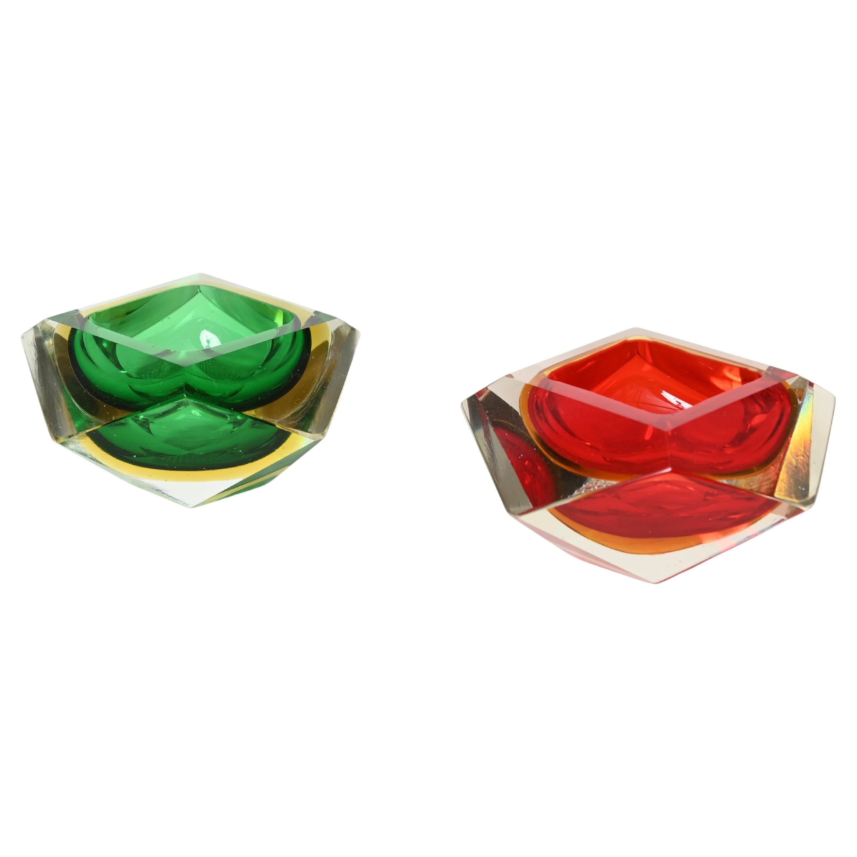 Set of Murano Decorative Glass in Red & Green Sommerso Multifaceted, Italy '60s