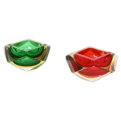 Set of Murano Decorative Glass in Red & Green Sommerso Multifaceted, Italy '60s