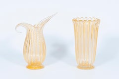 Set of Murano Glass Ribbed Vase and Pitcher with 24-Karat Gold, Italy, 1980s
