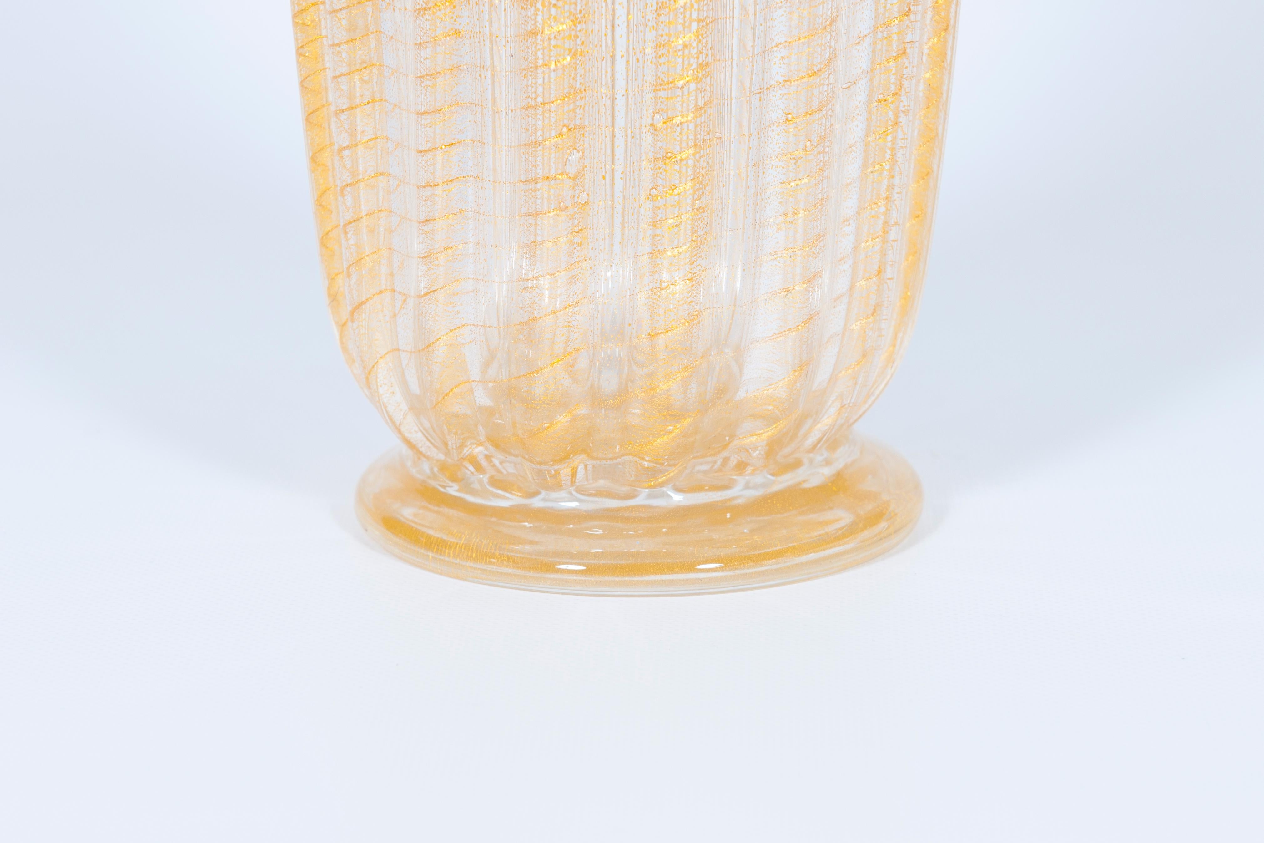 Mid-Century Modern Set of Murano Glass Ribbed Vase and Pitcher with 24-Karat Gold, Italy, 1980s For Sale