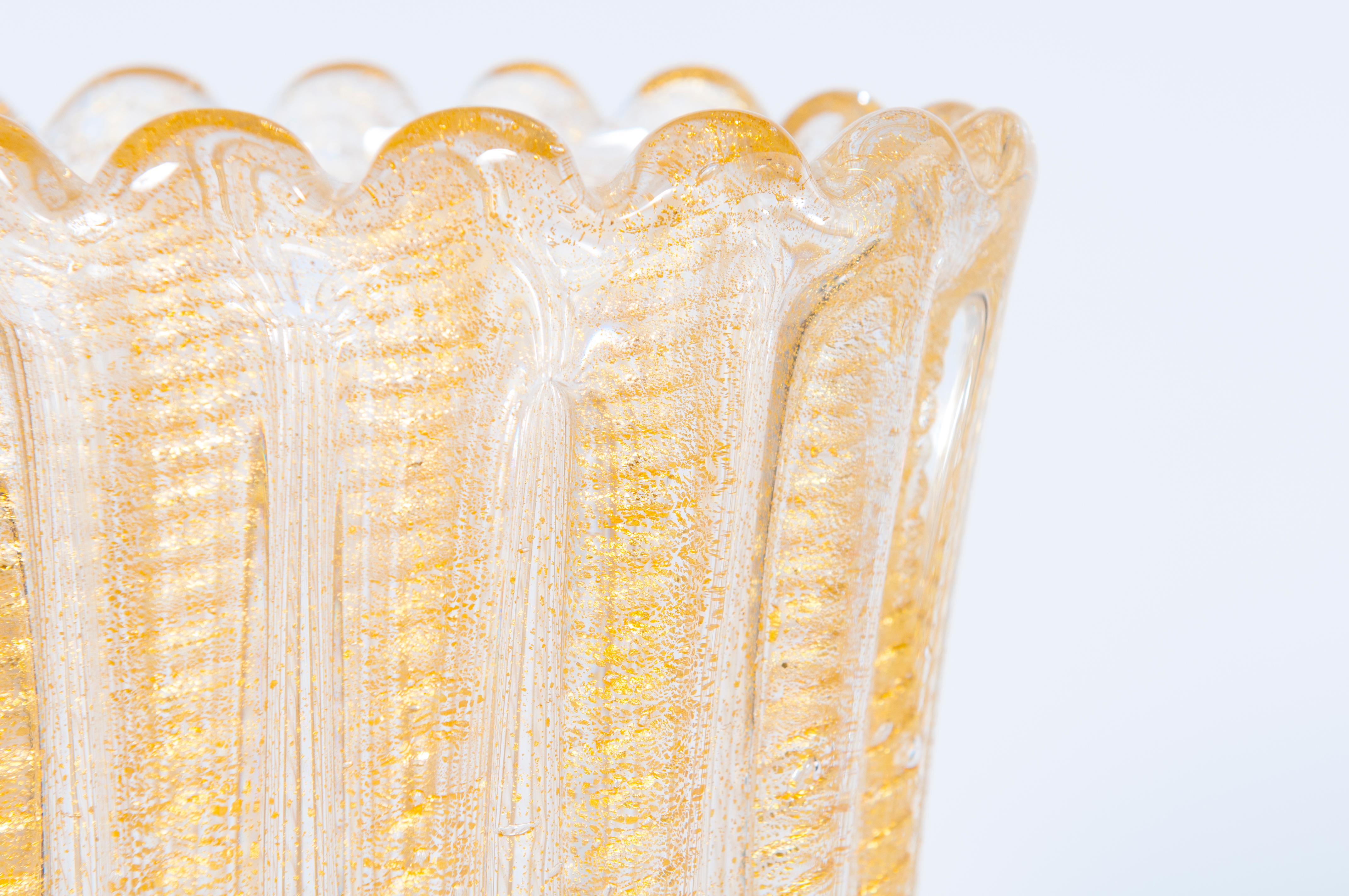Hand-Crafted Set of Murano Glass Ribbed Vase and Pitcher with 24-Karat Gold, Italy, 1980s For Sale