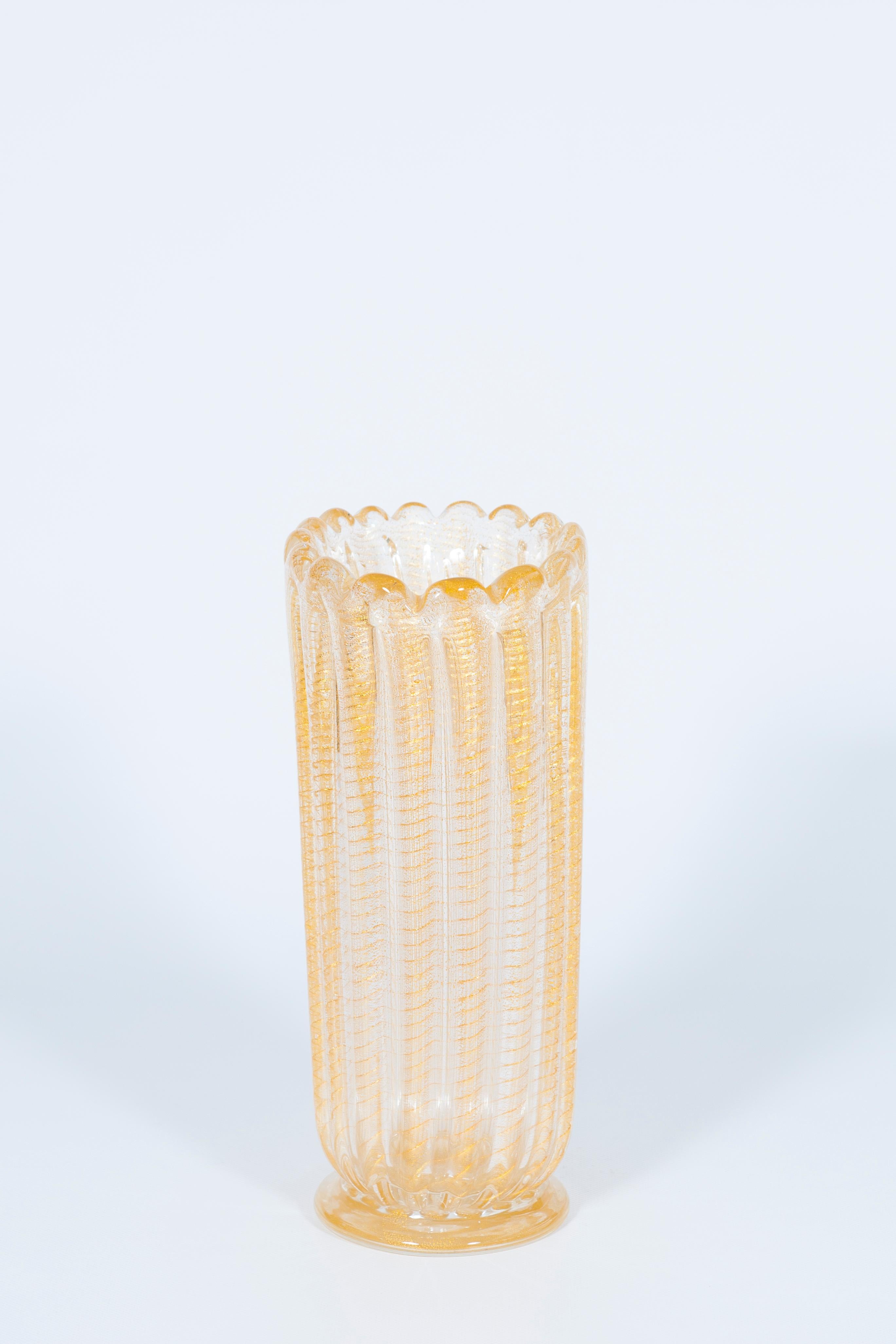 Set of Murano Glass Ribbed Vase and Pitcher with 24-Karat Gold, Italy, 1980s In Excellent Condition For Sale In Villaverla, IT