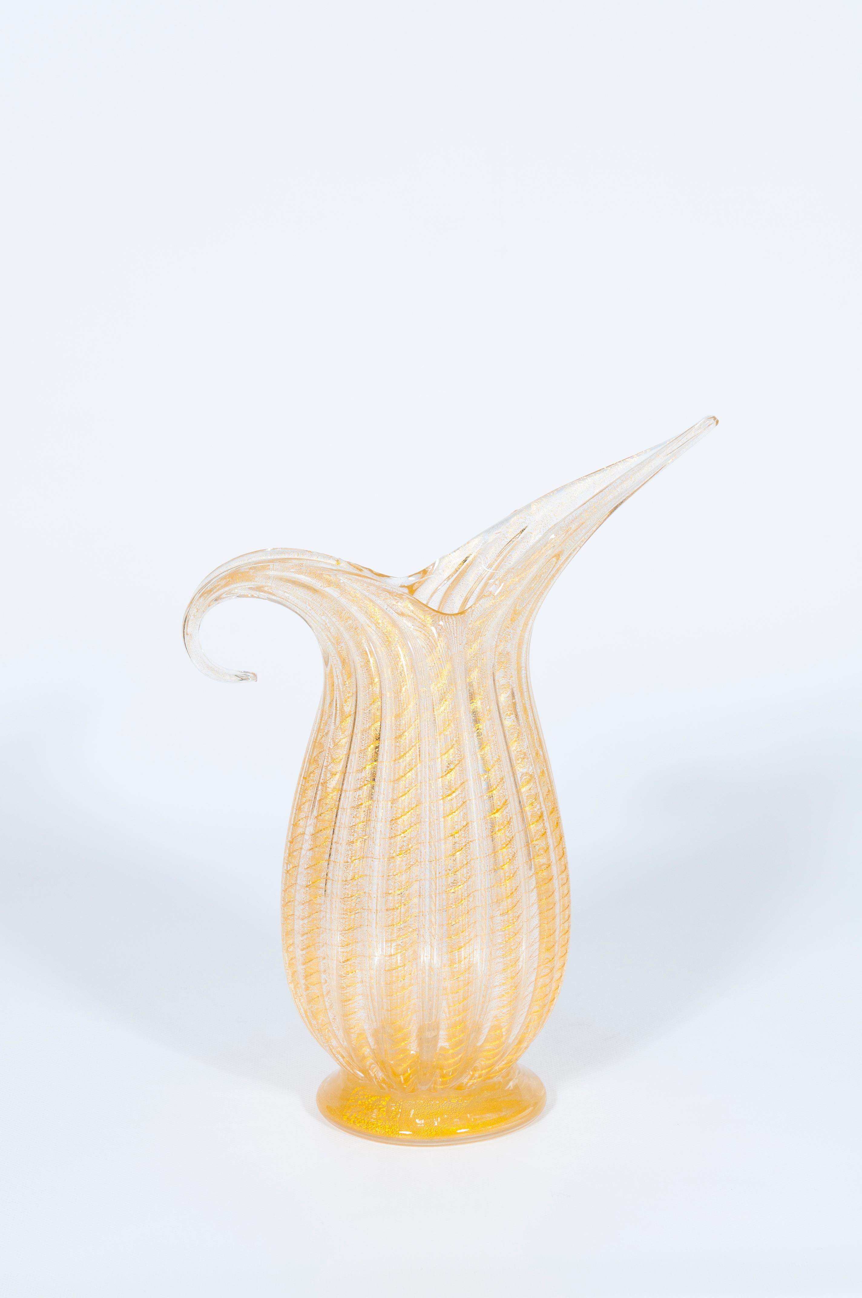 Late 20th Century Set of Murano Glass Ribbed Vase and Pitcher with 24-Karat Gold, Italy, 1980s For Sale