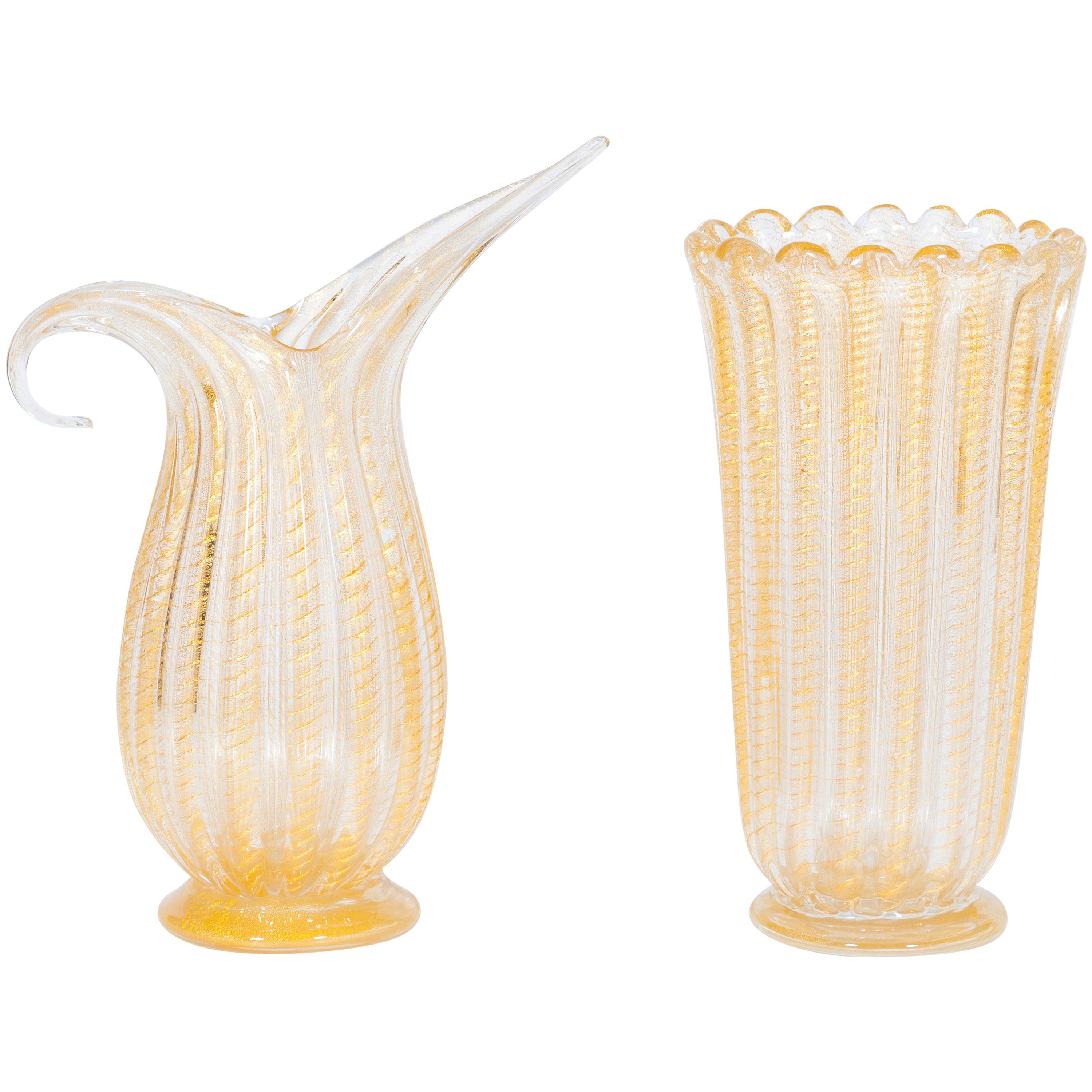 Set of Murano Glass Ribbed Vase and Pitcher with 24-Karat Gold, Italy, 1980s For Sale