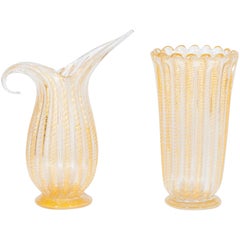 Set of Murano Glass Ribbed Vase and Pitcher with 24-Karat Gold, Italy, 1980s