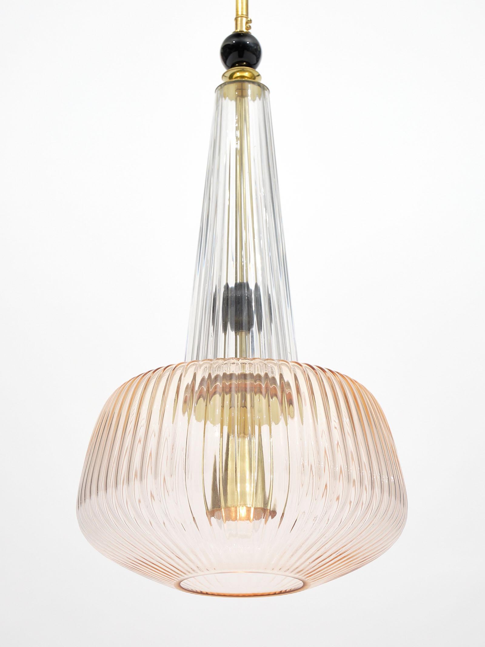 Brass Set of Murano Glass Ridged Pendants in the Style of Ettore Sottsass