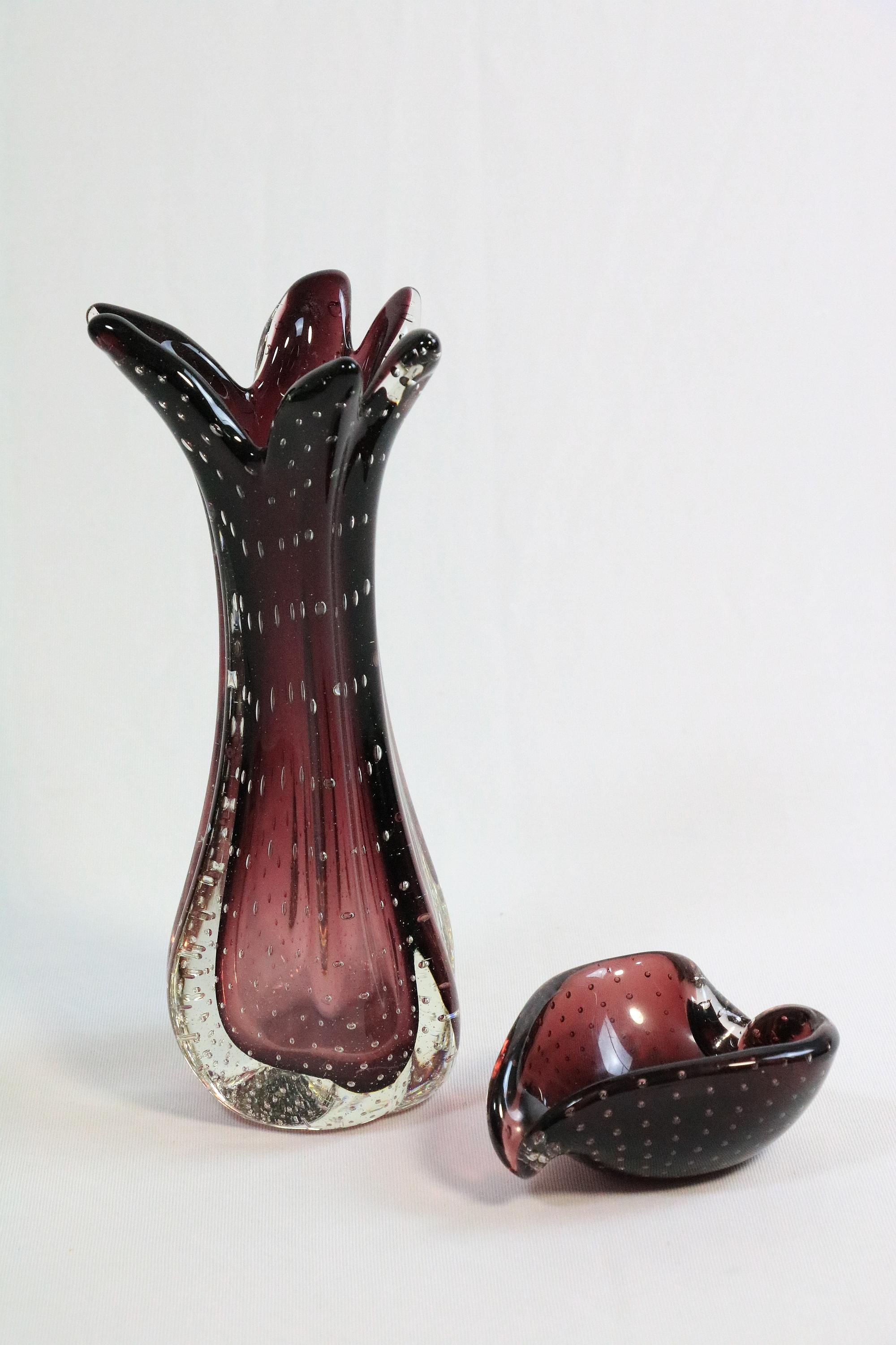 Mid-Century Modern Set of Murano Glass Vase + Small Bowl, Bullicante, Red Purple, Italy, 1970s For Sale
