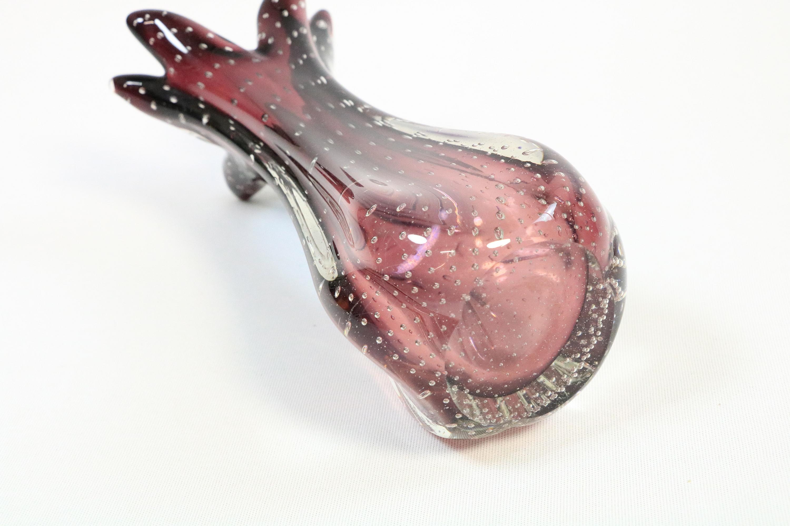 Late 20th Century Set of Murano Glass Vase + Small Bowl, Bullicante, Red Purple, Italy, 1970s For Sale