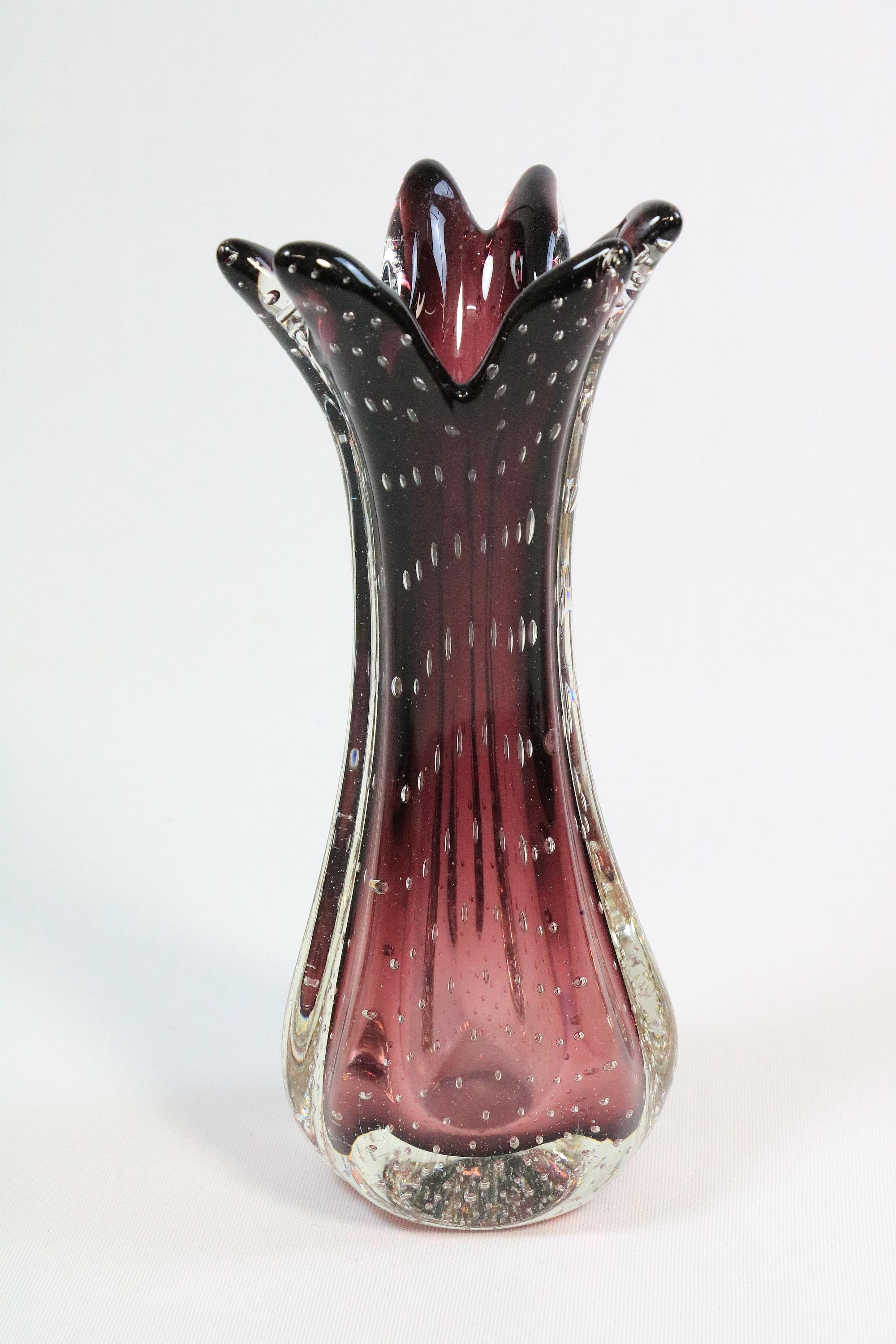 Set of Murano Glass Vase + Small Bowl, Bullicante, Red Purple, Italy, 1970s For Sale 1