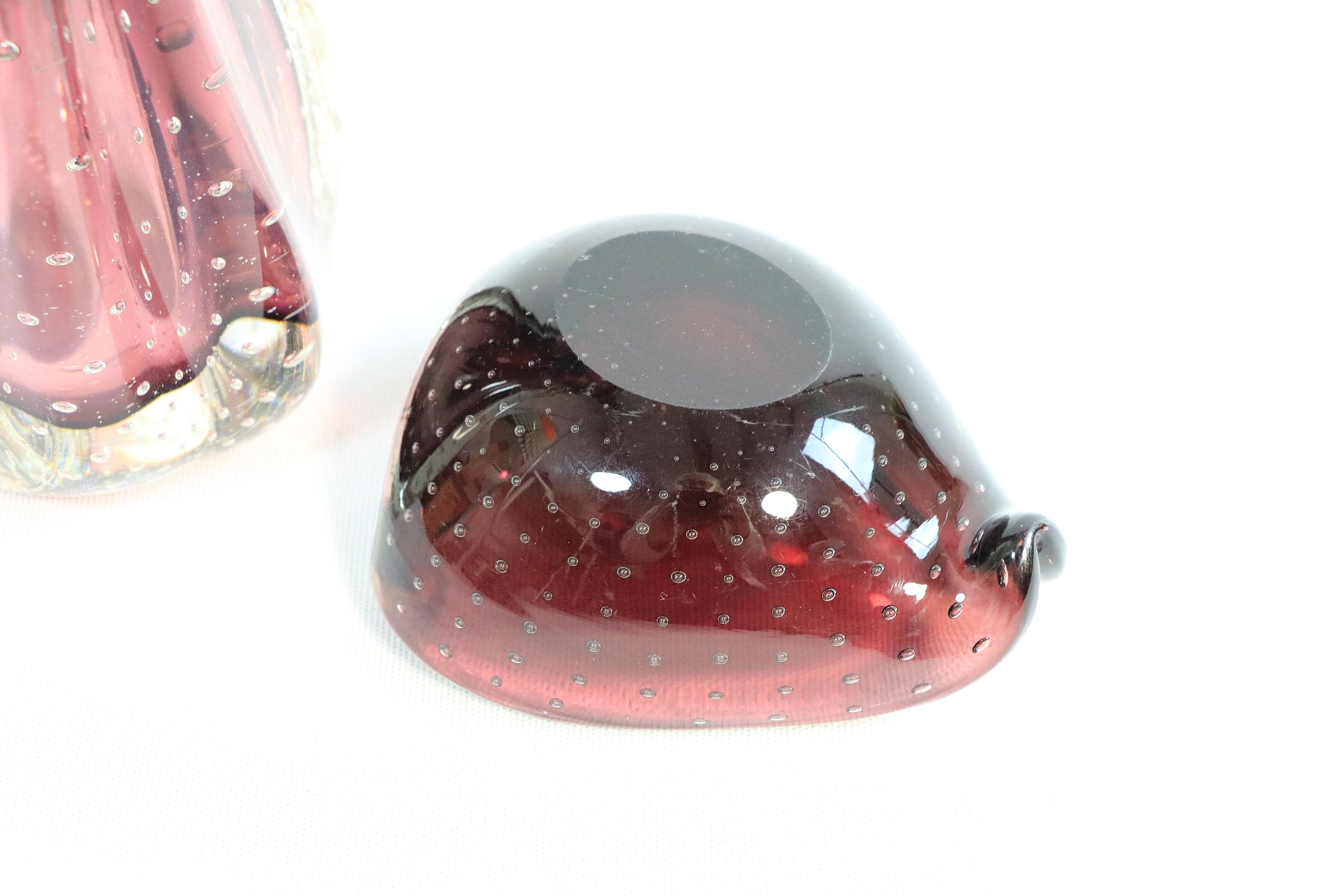 Set of Murano Glass Vase + Small Bowl, Bullicante, Red Purple, Italy, 1970s For Sale 3