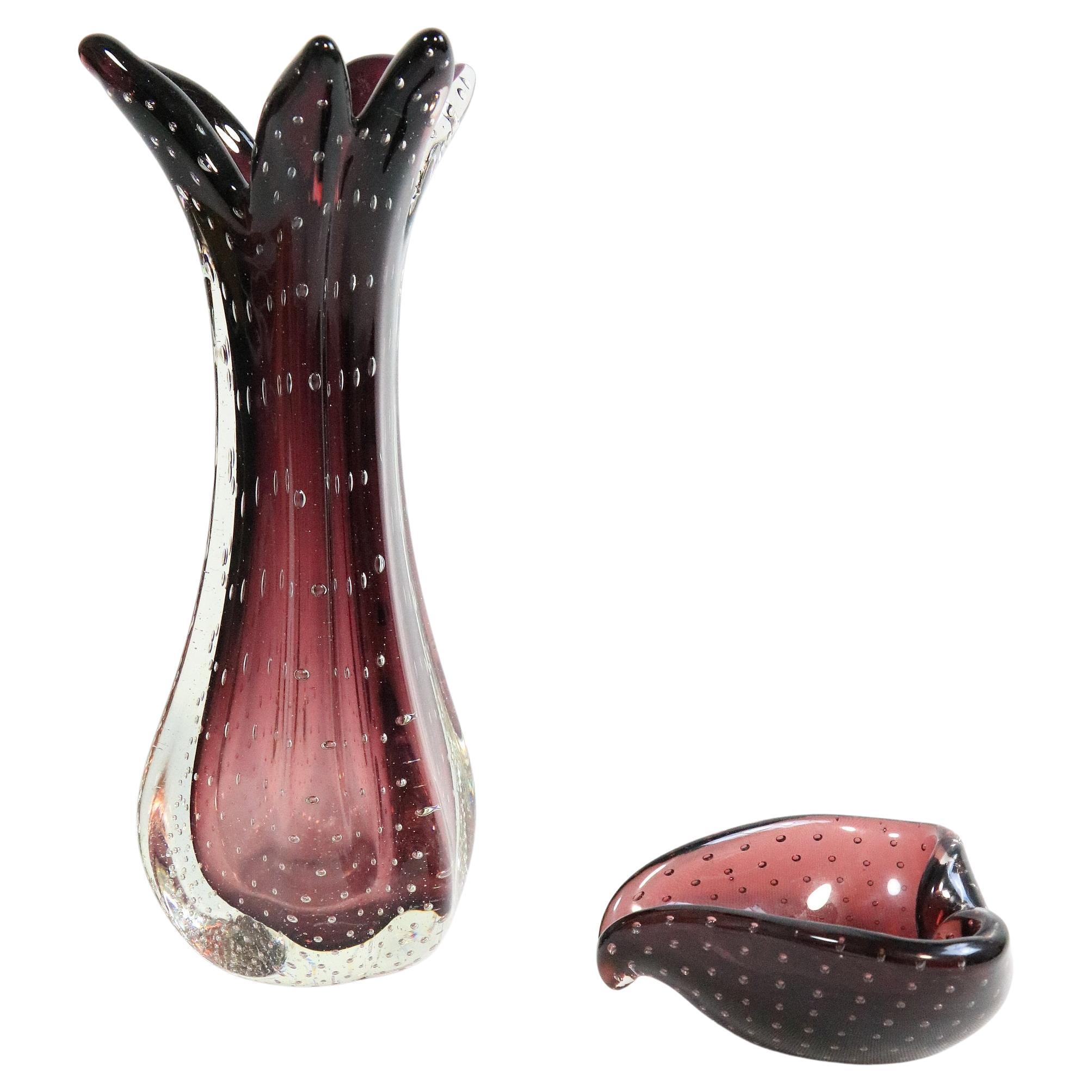 Set of Murano Glass Vase + Small Bowl, Bullicante, Red Purple, Italy, 1970s For Sale