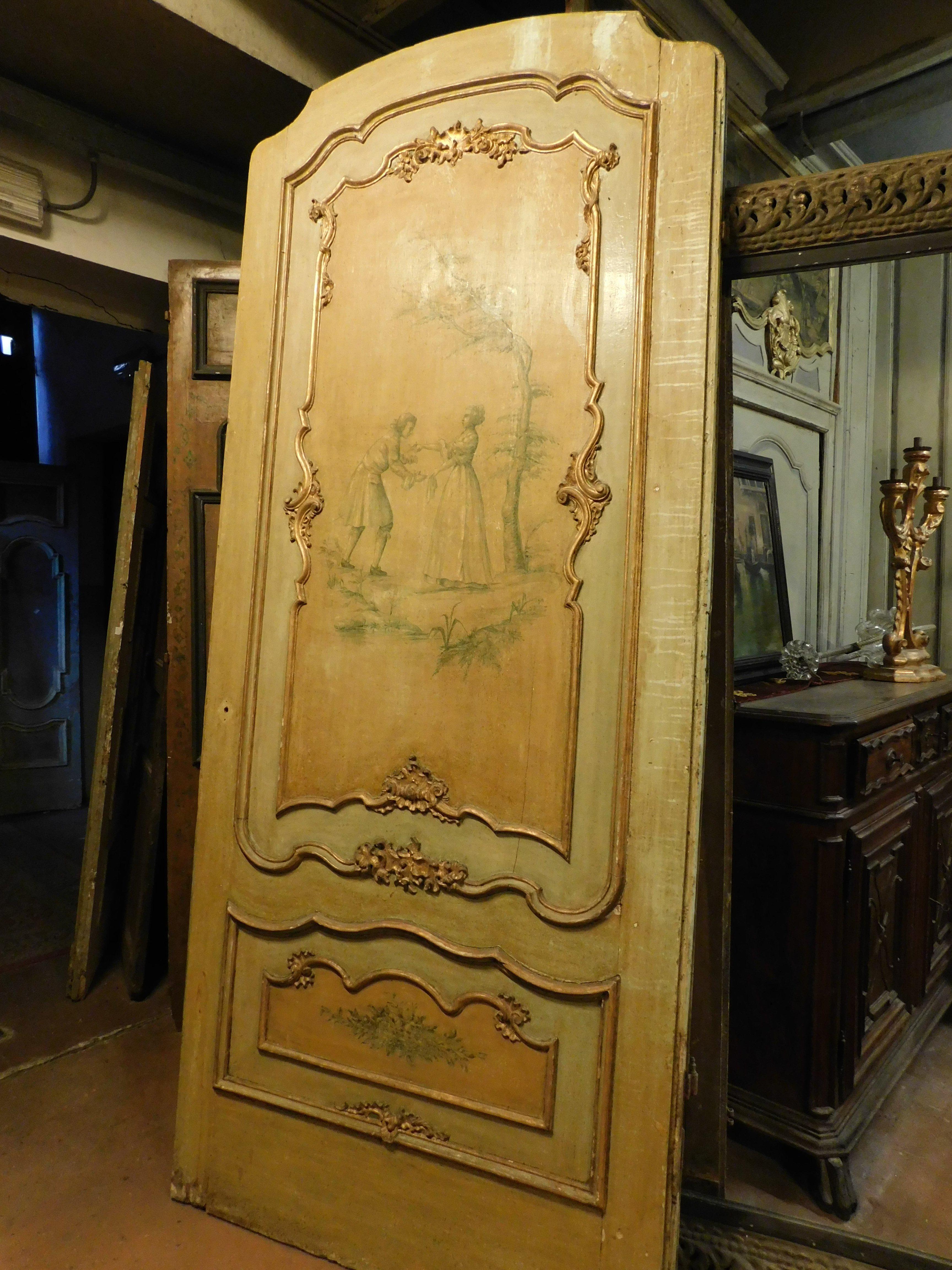 set of 9 antique interior doors, lacquered and hand-painted with different motifs, curved single-leaf doors, panels painted with floral decorations or cherubs and rich golden moldings, built in the 18th century for an important villa of a well-known