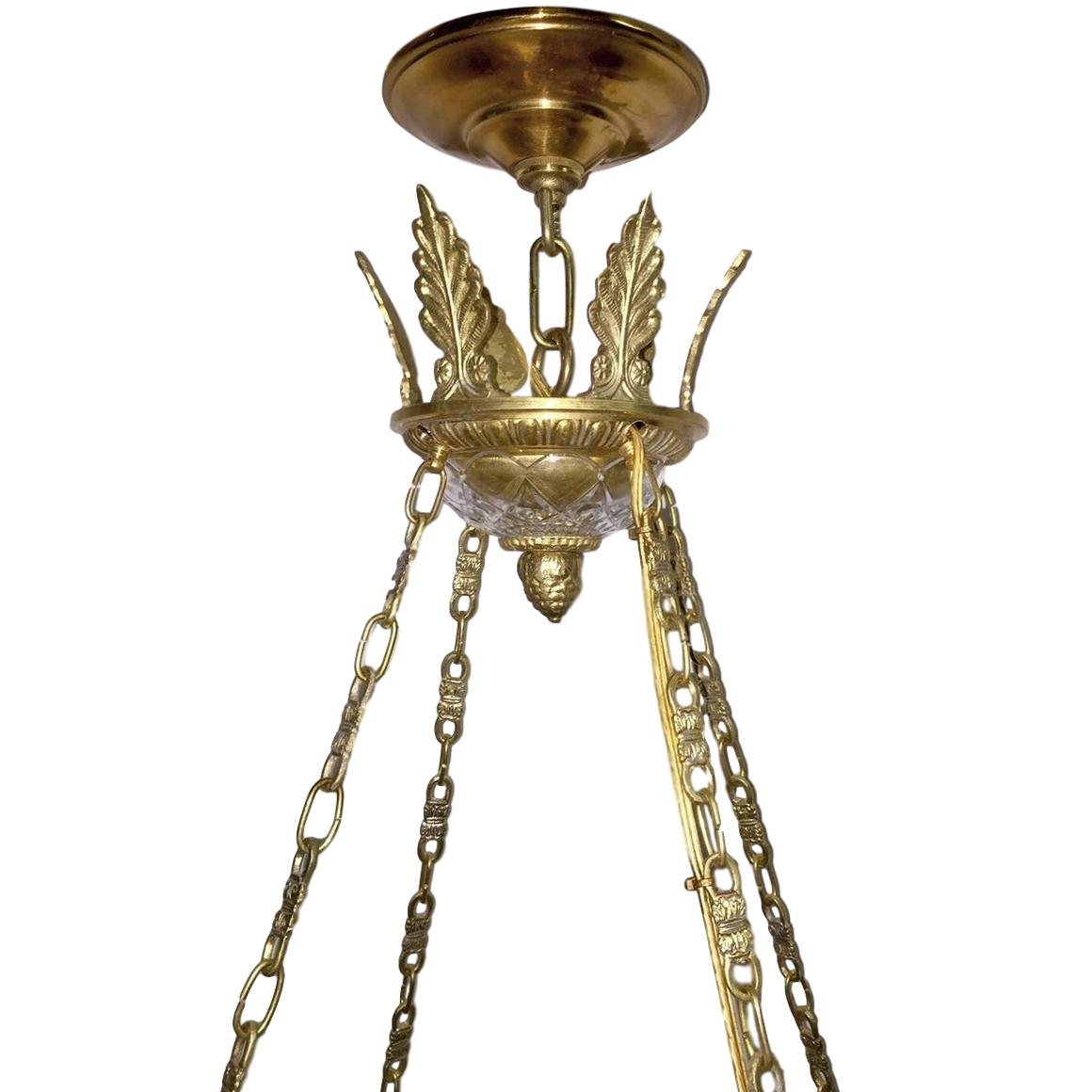 French Set of Neoclassic Bronze and Cut Glass Pendant Light Fixtures. Sold Individually For Sale