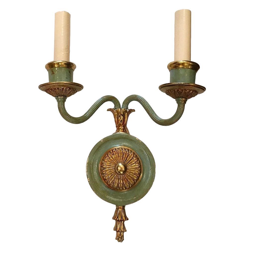 A set of six French circa 1920s neoclassic style painted bronze sconces with original finish. Sold per pair.

Measurements:
Height: 13.5