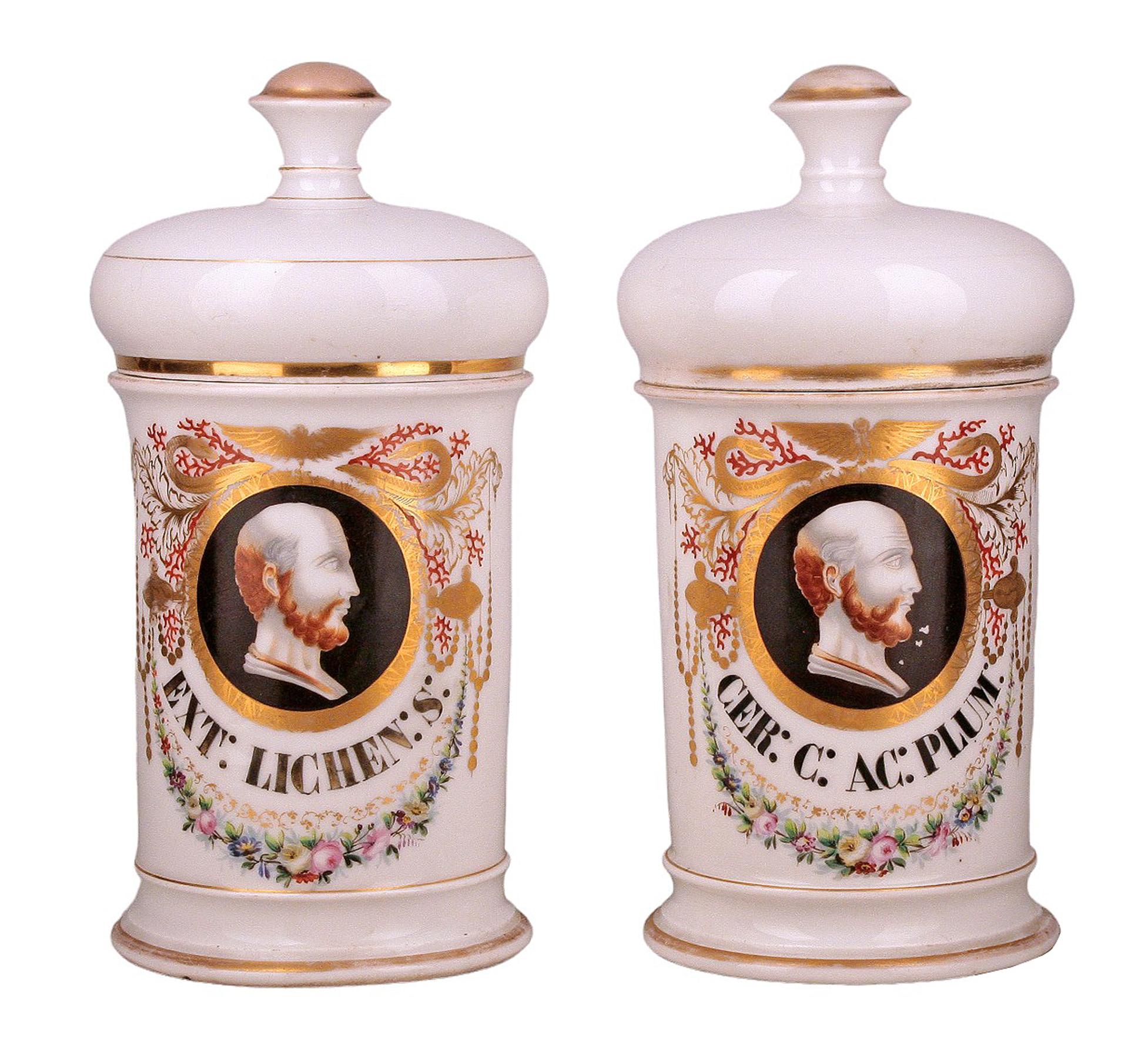 Set of french Neoclassical hand-crafted glazed porcelain apothecary/pharmacy jars with lids signed by Langlois

By: Langlois
Material: ceramic, porcelain, paint, enamel
Technique: molded, pressed, painted, hand-painted, hand-crafted, gilt, enameled,