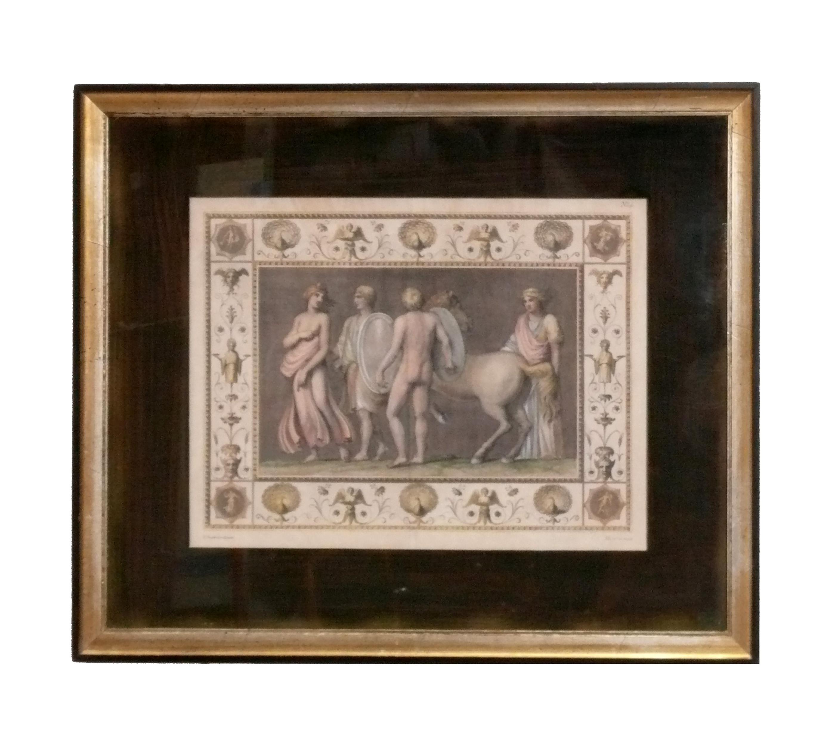 Satz von drei neoklassischen handkolorierten Radierungen, nach Marco Colani, Rom, Italien. Colani lebte im späten 18. Jahrhundert, und wir glauben, dass sie im 19. Jahrhundert gedruckt wurden. Schön gerahmt in vergoldeten Vintage-Rahmen. Die größere