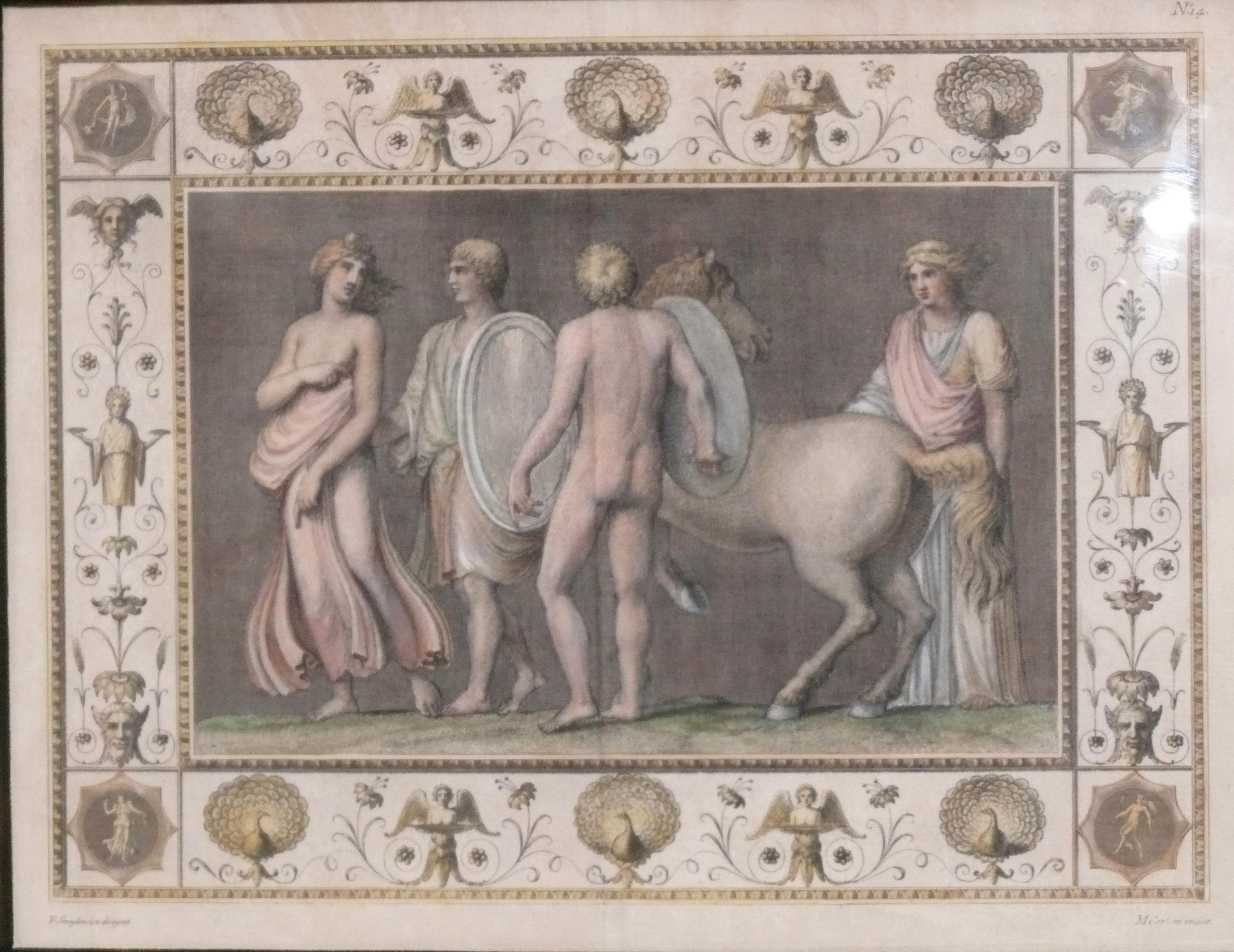 Satz neoklassischer handkolorierter Radierungen der griechischen Mythologie Marco Carloni Triptychon (Neoklassisch) im Angebot