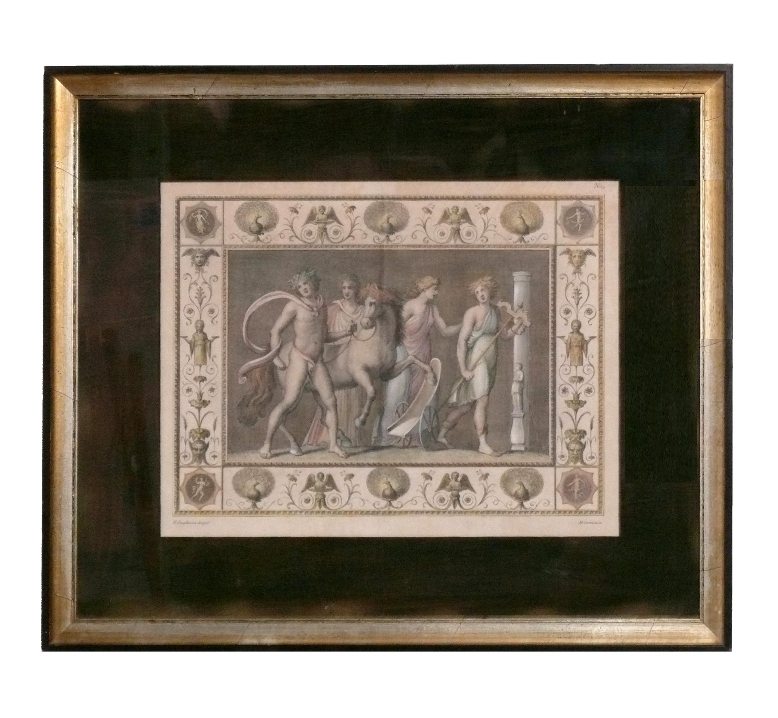 Satz neoklassischer handkolorierter Radierungen der griechischen Mythologie Marco Carloni Triptychon (19. Jahrhundert) im Angebot