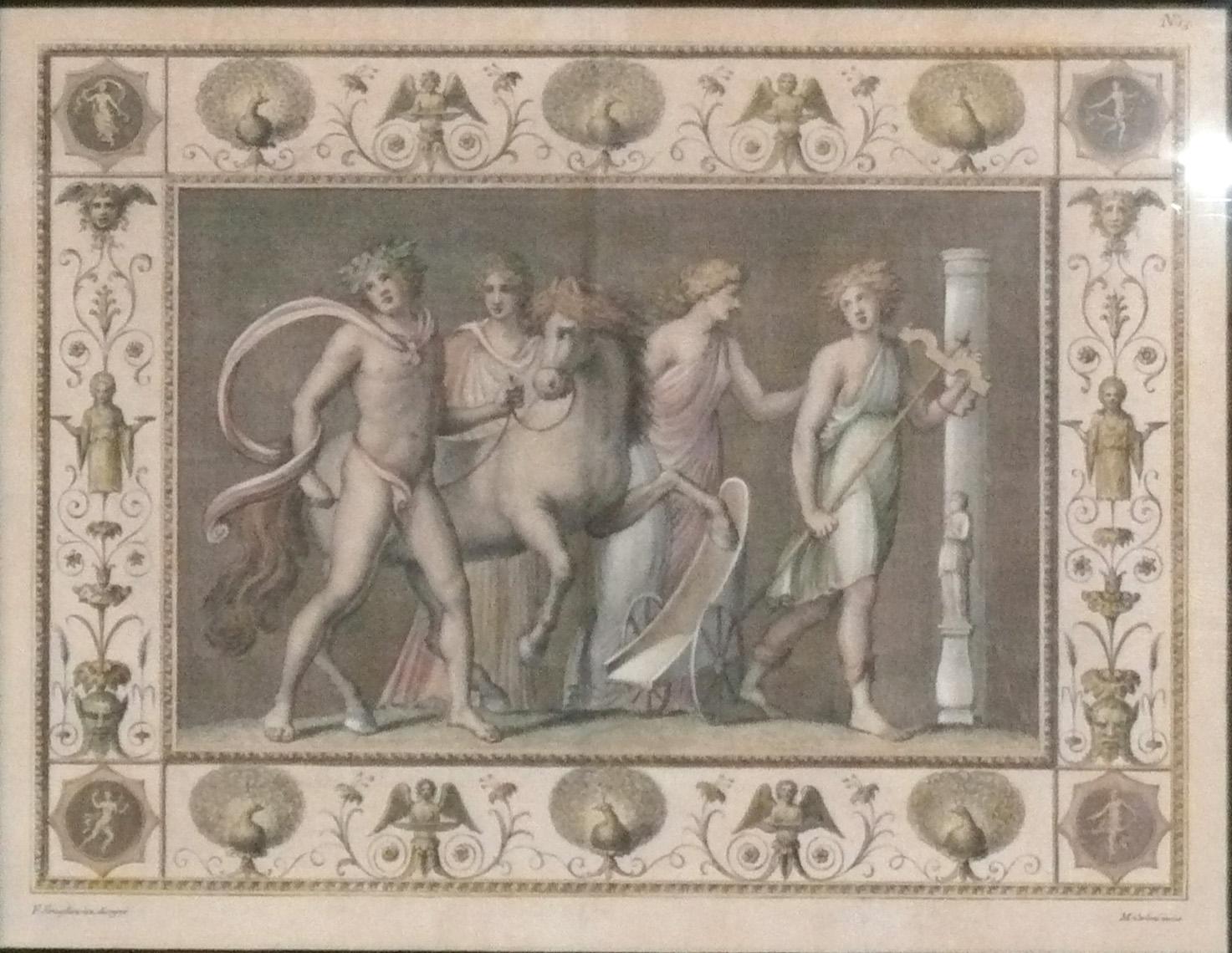 Satz neoklassischer handkolorierter Radierungen der griechischen Mythologie Marco Carloni Triptychon (Glas) im Angebot