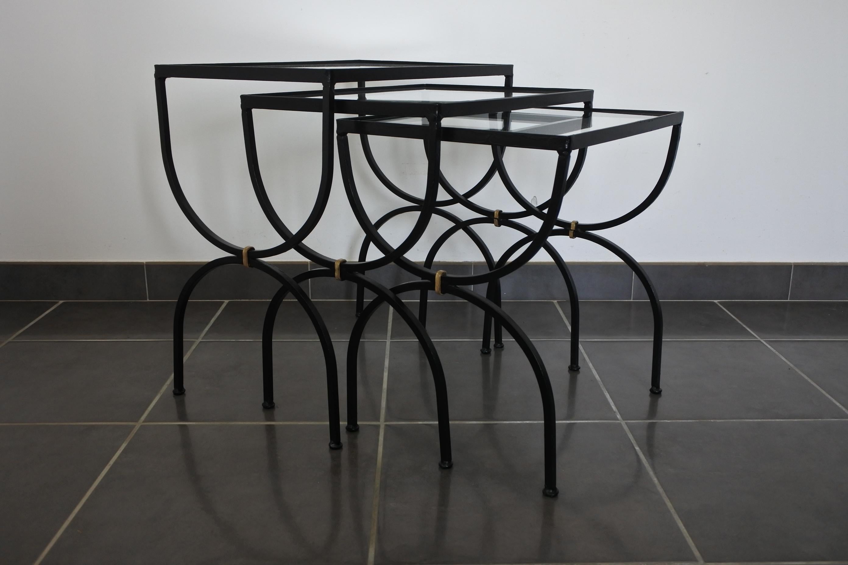 Set of Neoclassical Iron and Glass Nesting Tables, France, 1950s 8