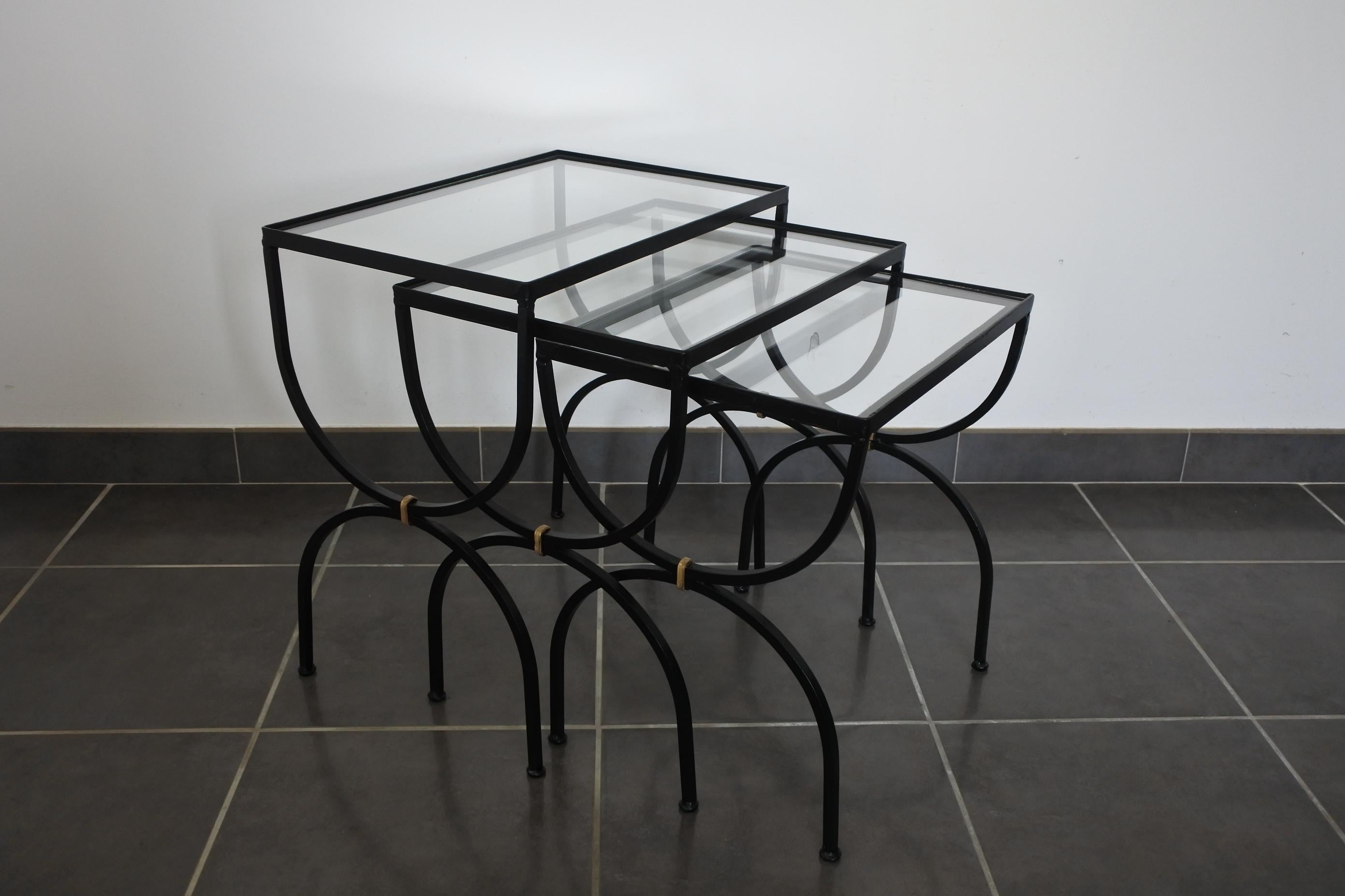 Set of Neoclassical Iron and Glass Nesting Tables, France, 1950s 9