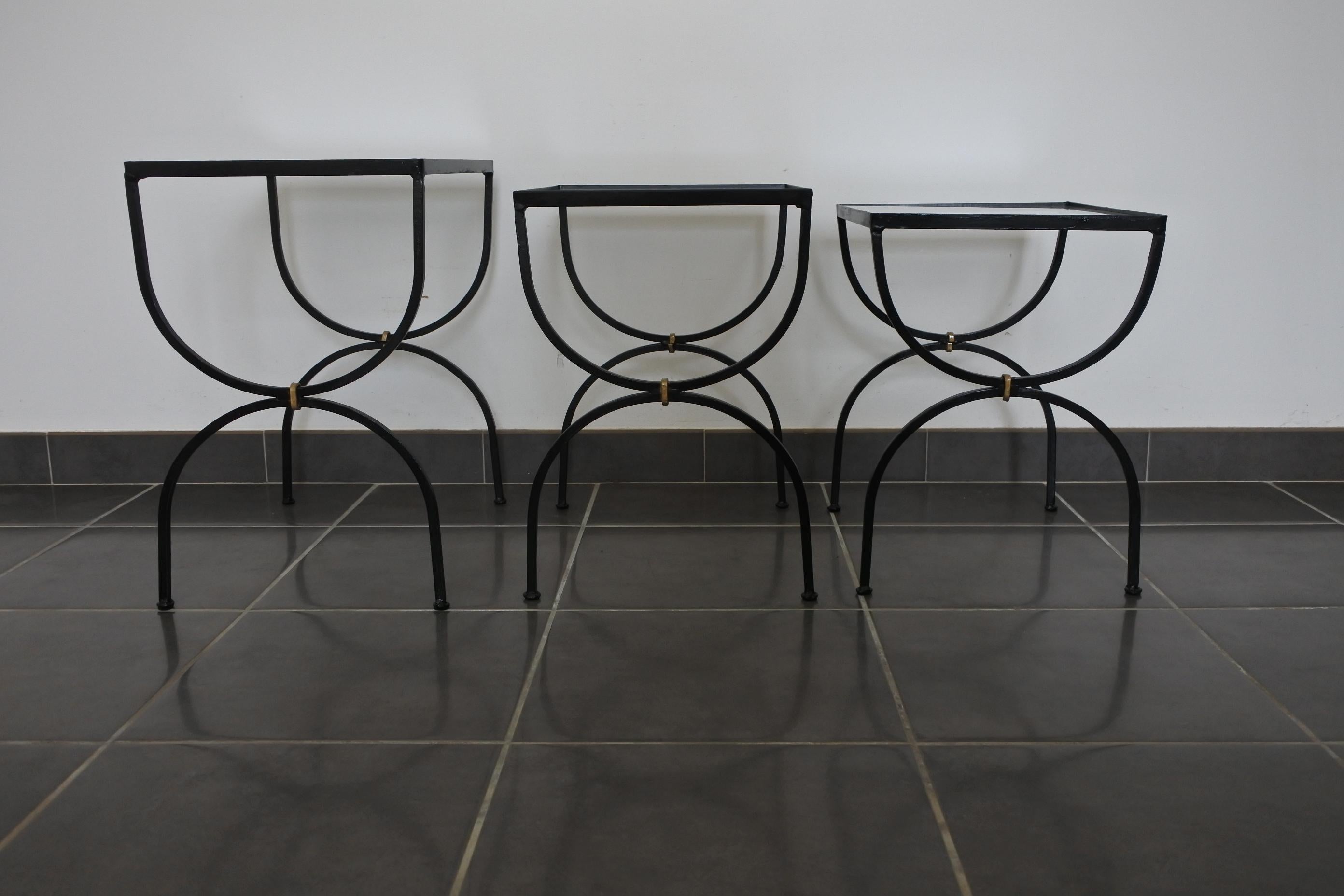 French Set of Neoclassical Iron and Glass Nesting Tables, France, 1950s