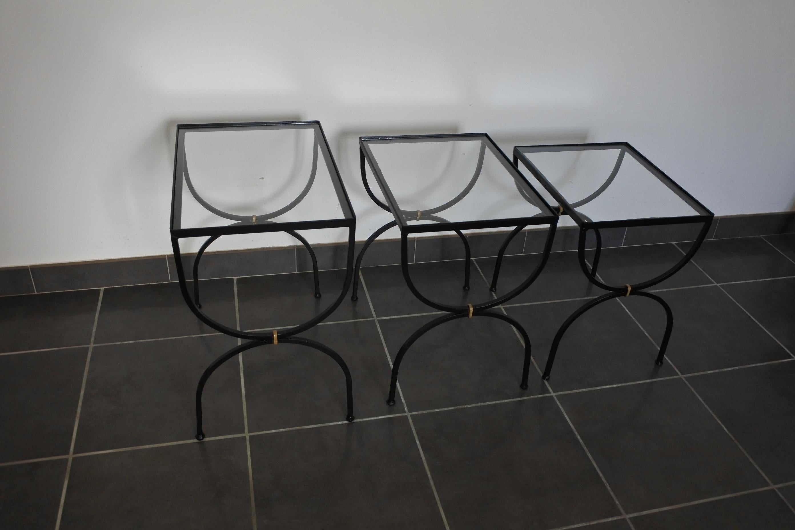 20th Century Set of Neoclassical Iron and Glass Nesting Tables, France, 1950s
