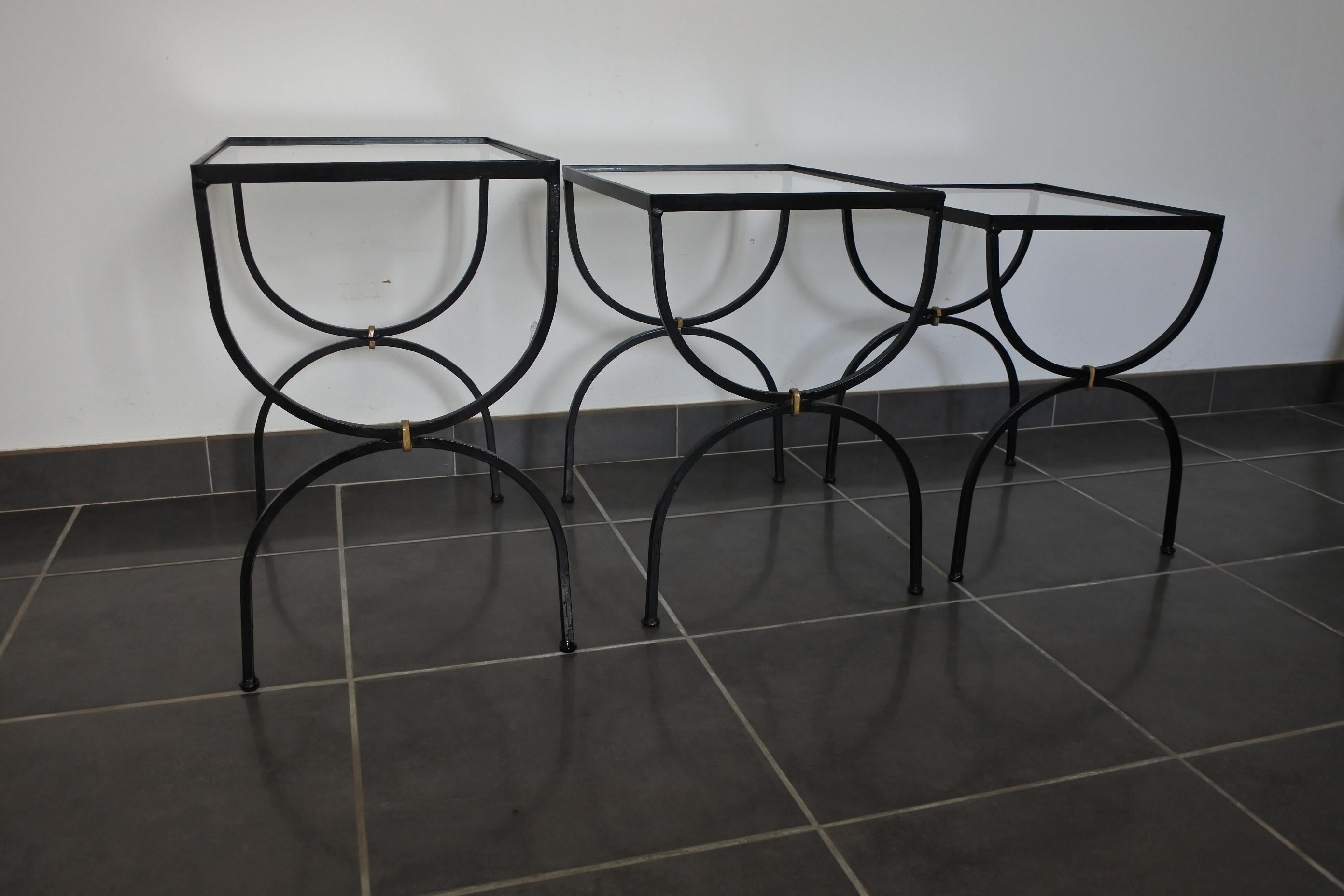 Set of Neoclassical Iron and Glass Nesting Tables, France, 1950s 1