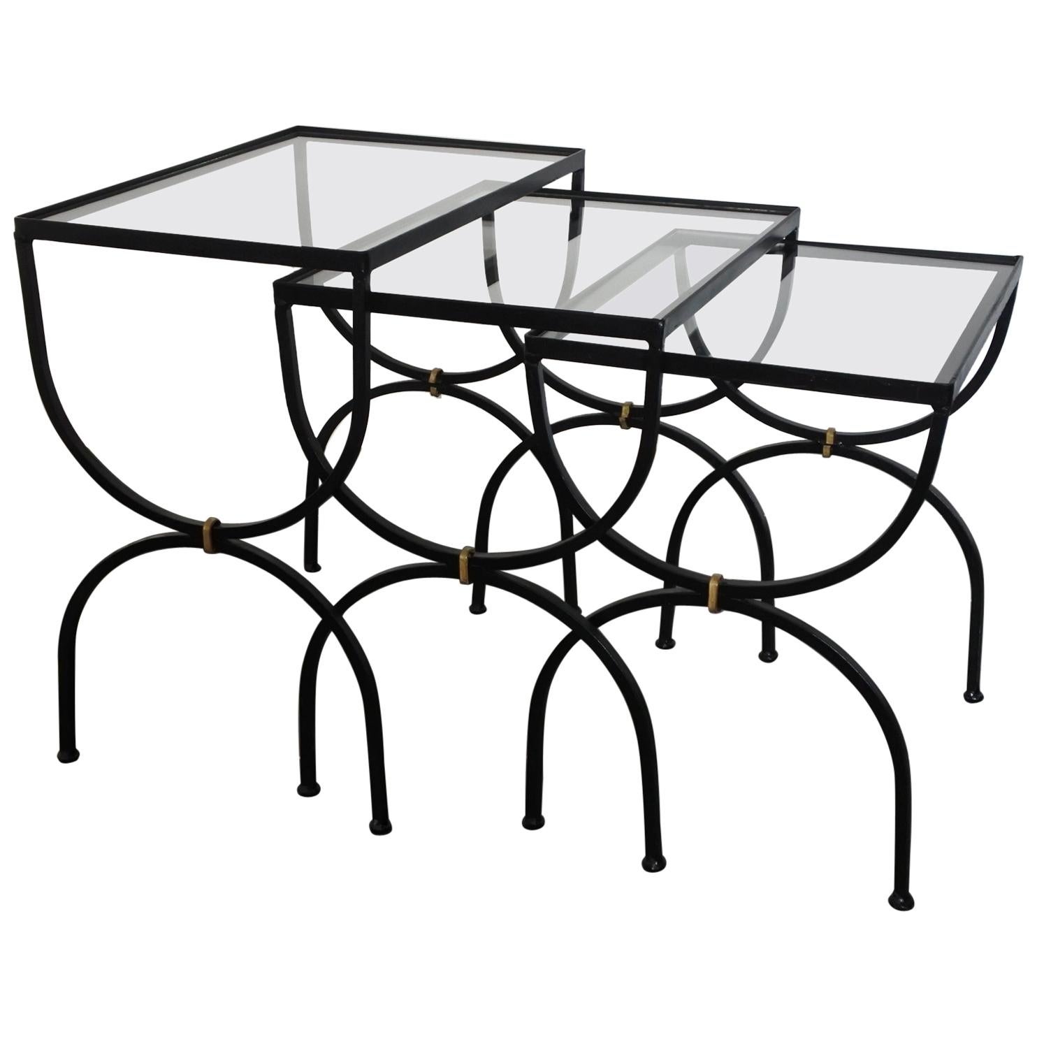 Set of Neoclassical Iron and Glass Nesting Tables, France, 1950s