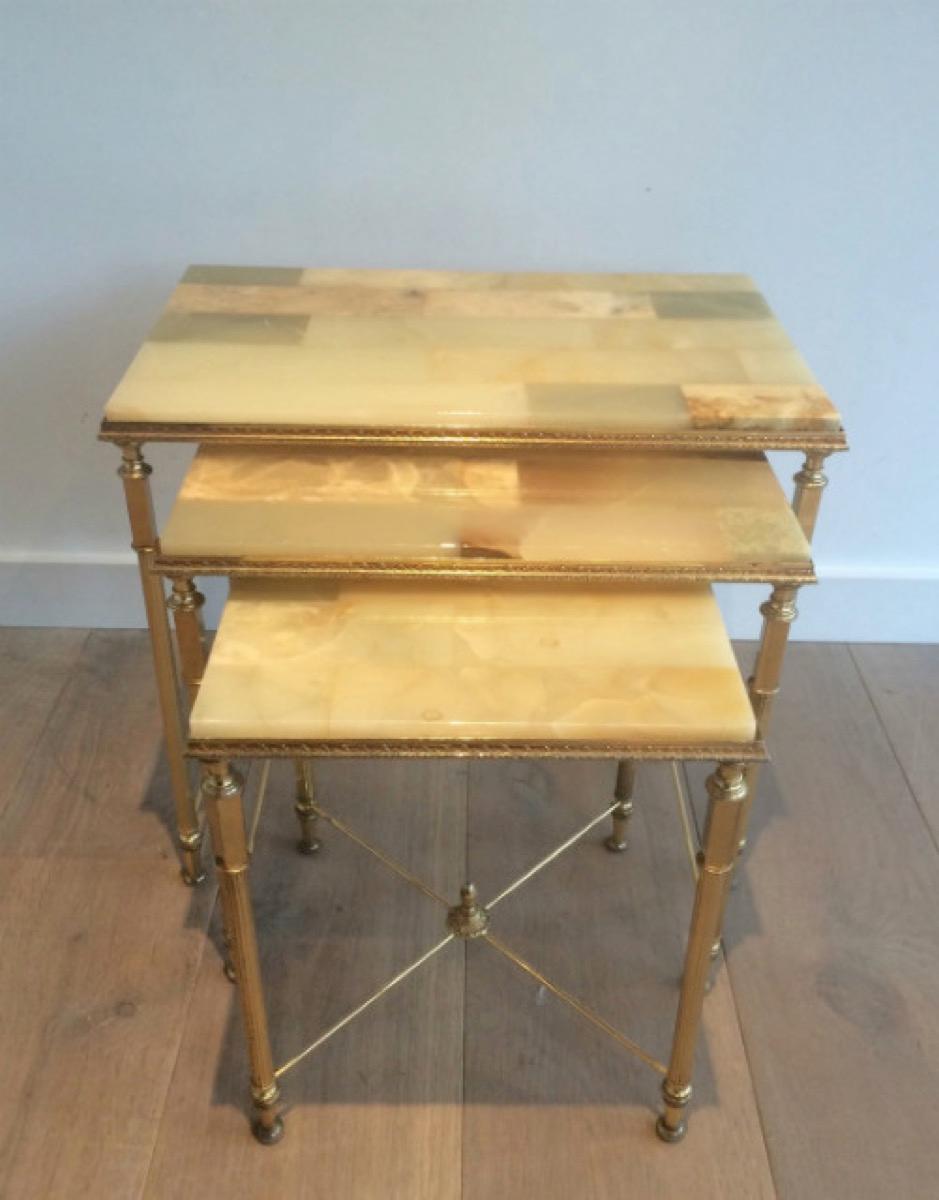 20th Century Set of Neoclassical Nesting Tables with Onyx Tops, French, circa 1940 For Sale