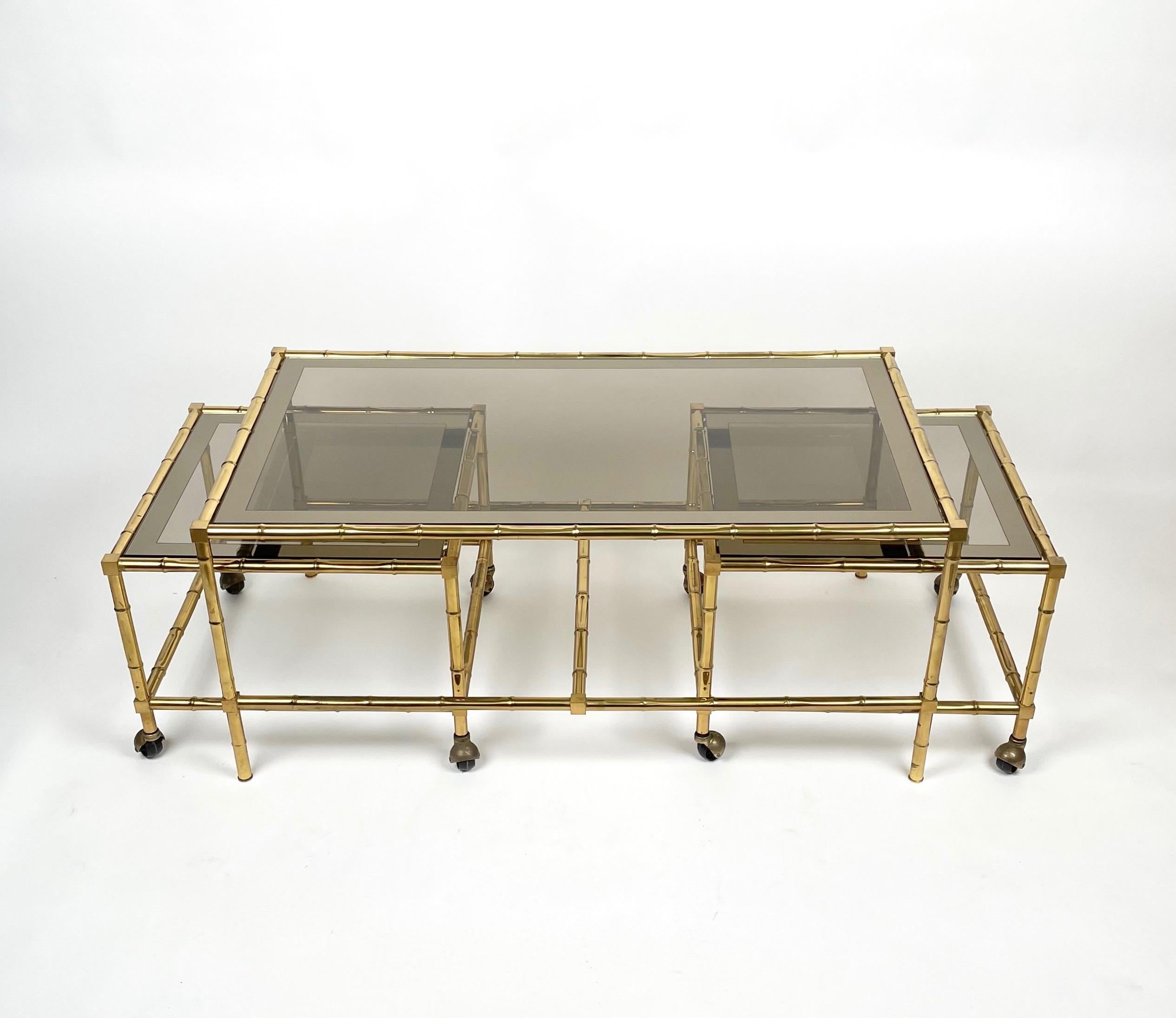 Set of Nesting Coffee Table and Cart in Brass Faux Bamboo and Glass, Italy 1960s 7