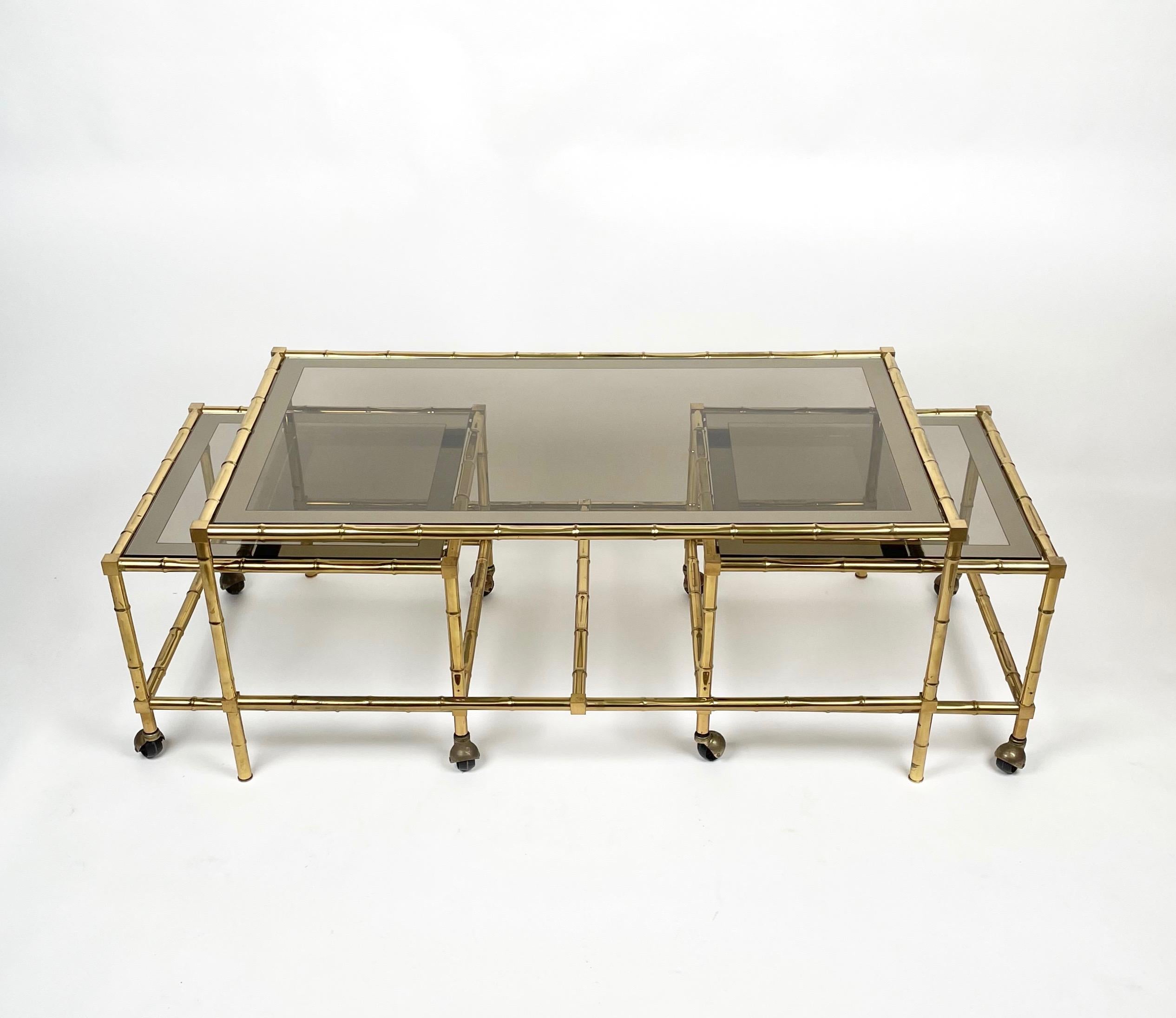 Mid-Century Modern Set of Nesting Coffee Table and Cart in Brass Faux Bamboo and Glass, Italy 1960s