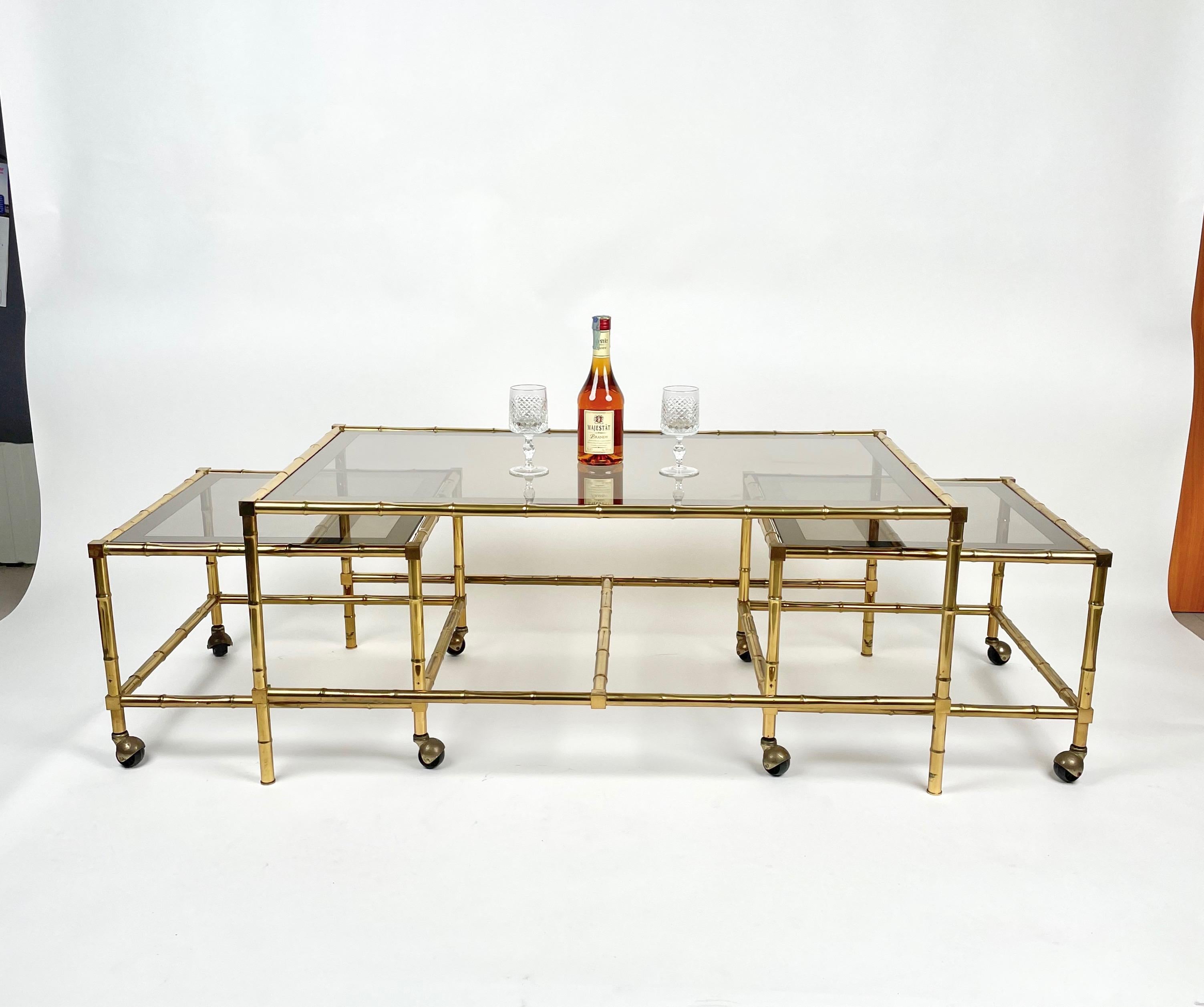 Italian Set of Nesting Coffee Table and Cart in Brass Faux Bamboo and Glass, Italy 1960s