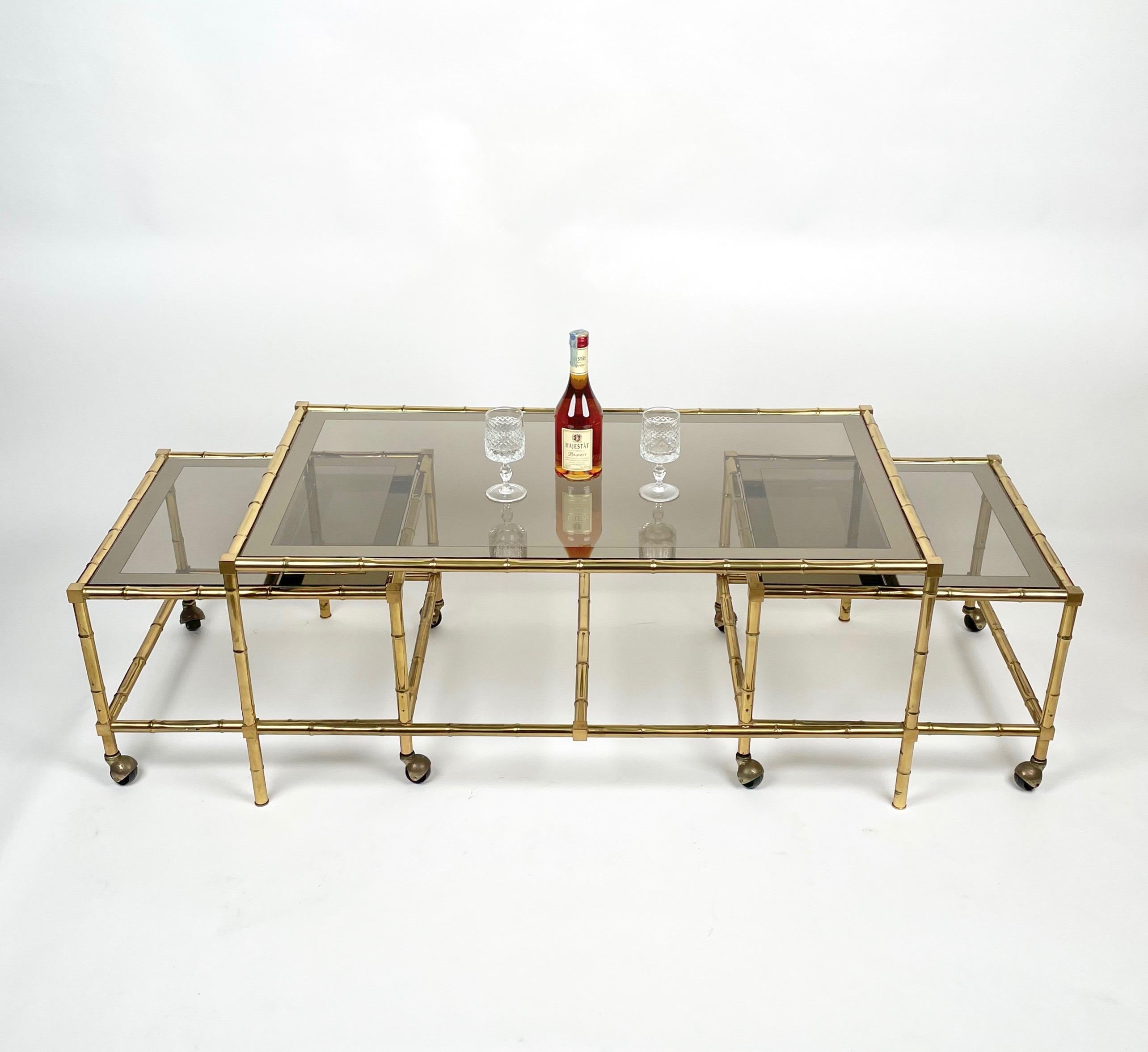 Set of Nesting Coffee Table and Cart in Brass Faux Bamboo and Glass, Italy 1960s In Good Condition In Rome, IT
