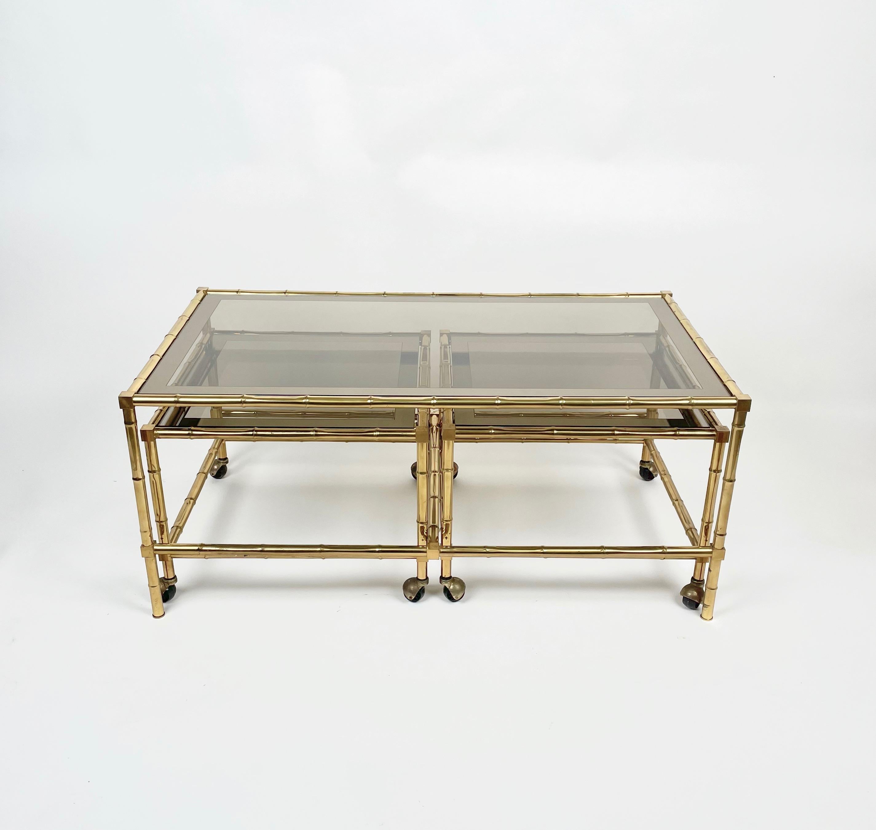 Mid-20th Century Set of Nesting Coffee Table and Cart in Brass Faux Bamboo and Glass, Italy 1960s