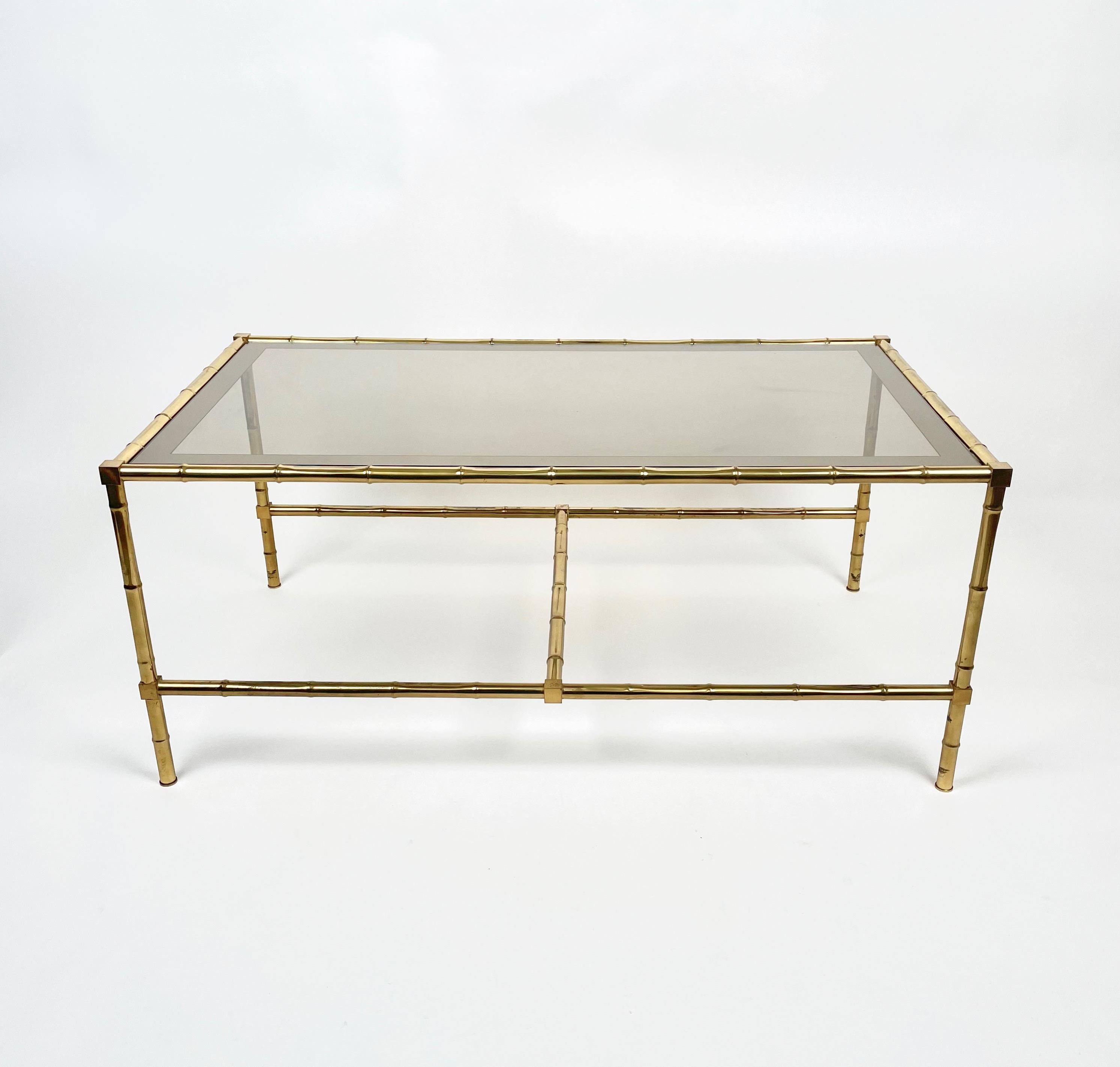 Metal Set of Nesting Coffee Table and Cart in Brass Faux Bamboo and Glass, Italy 1960s