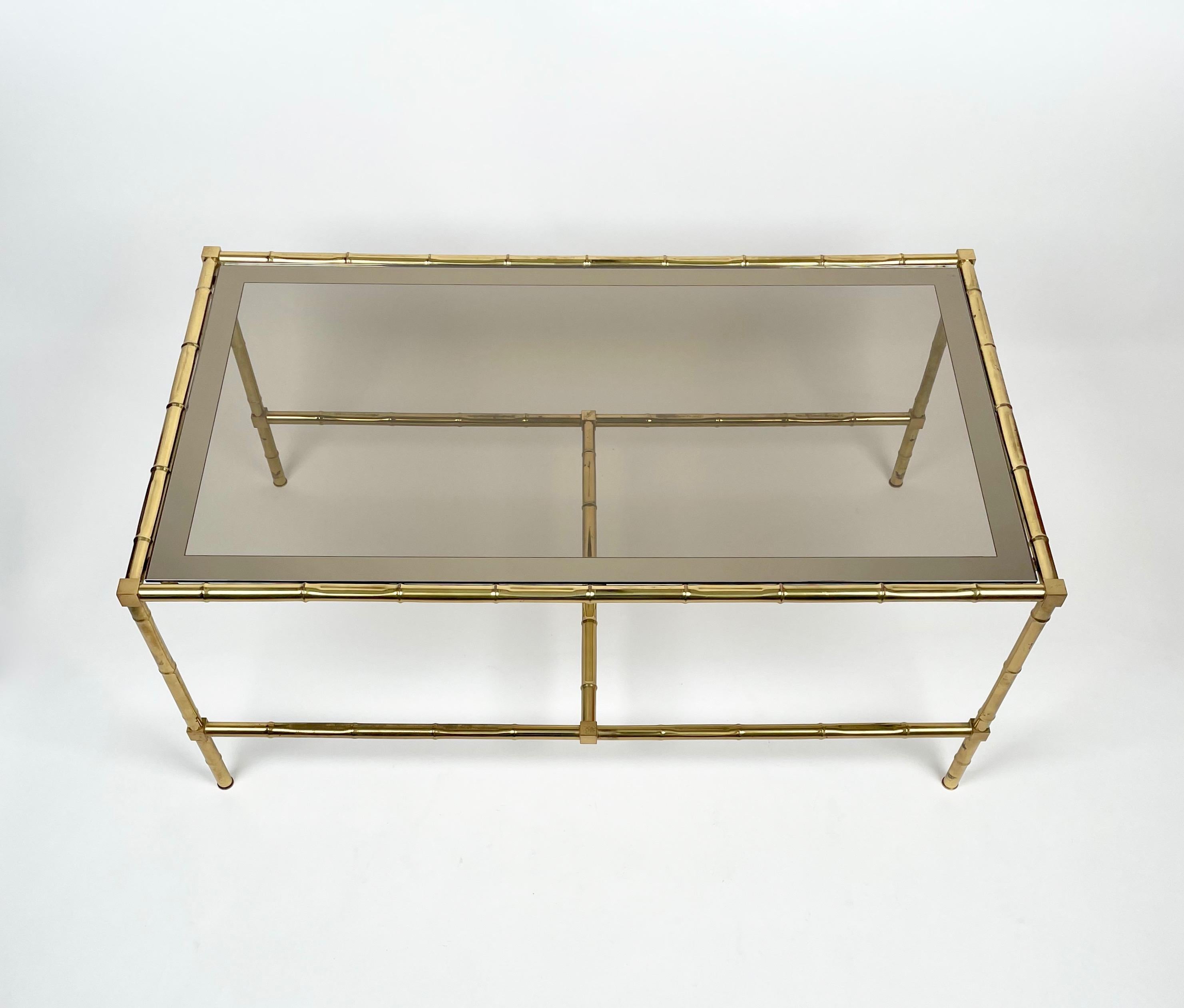 Set of Nesting Coffee Table and Cart in Brass Faux Bamboo and Glass, Italy 1960s 1