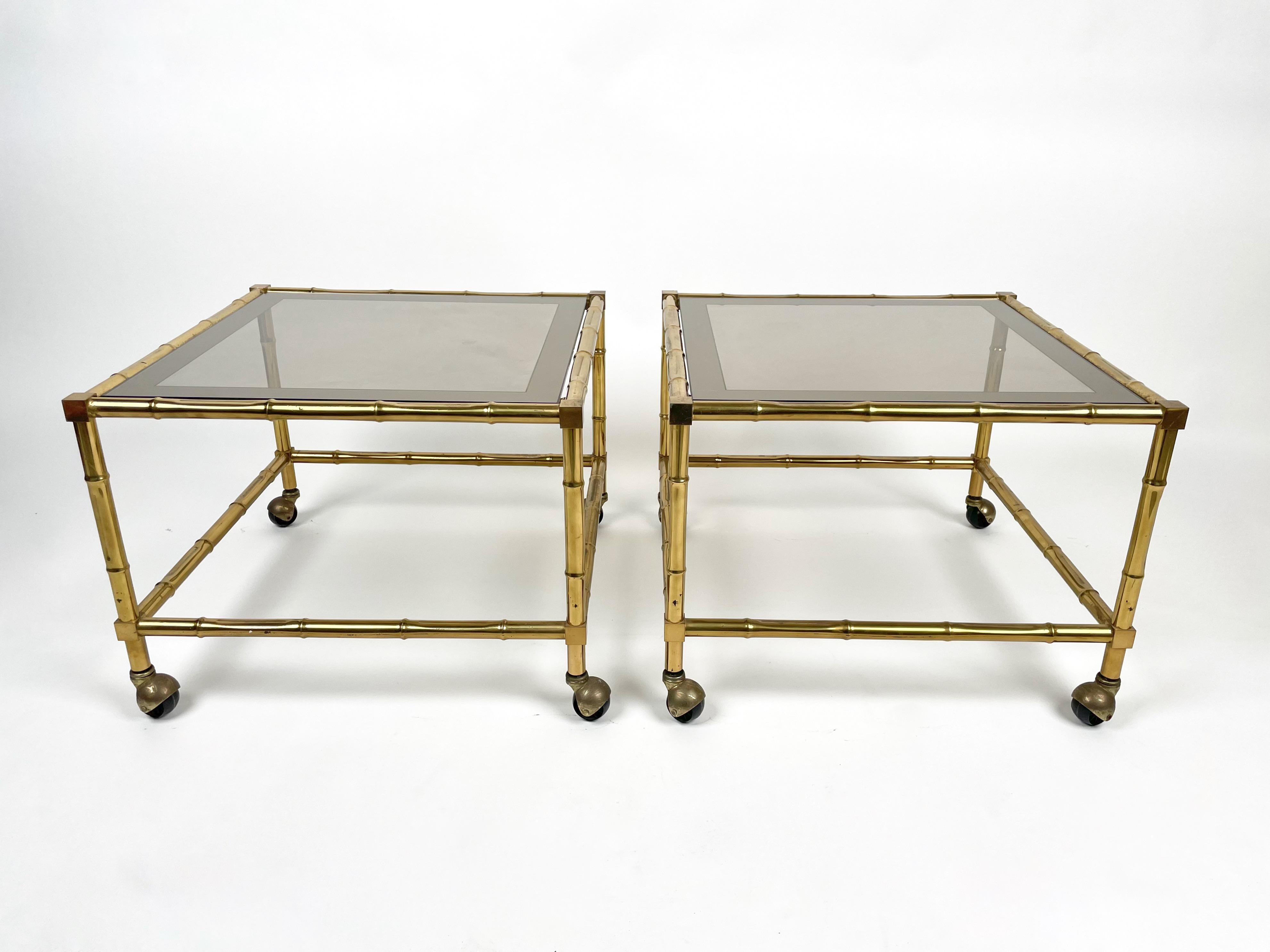 Set of Nesting Coffee Table and Cart in Brass Faux Bamboo and Glass, Italy 1960s 2