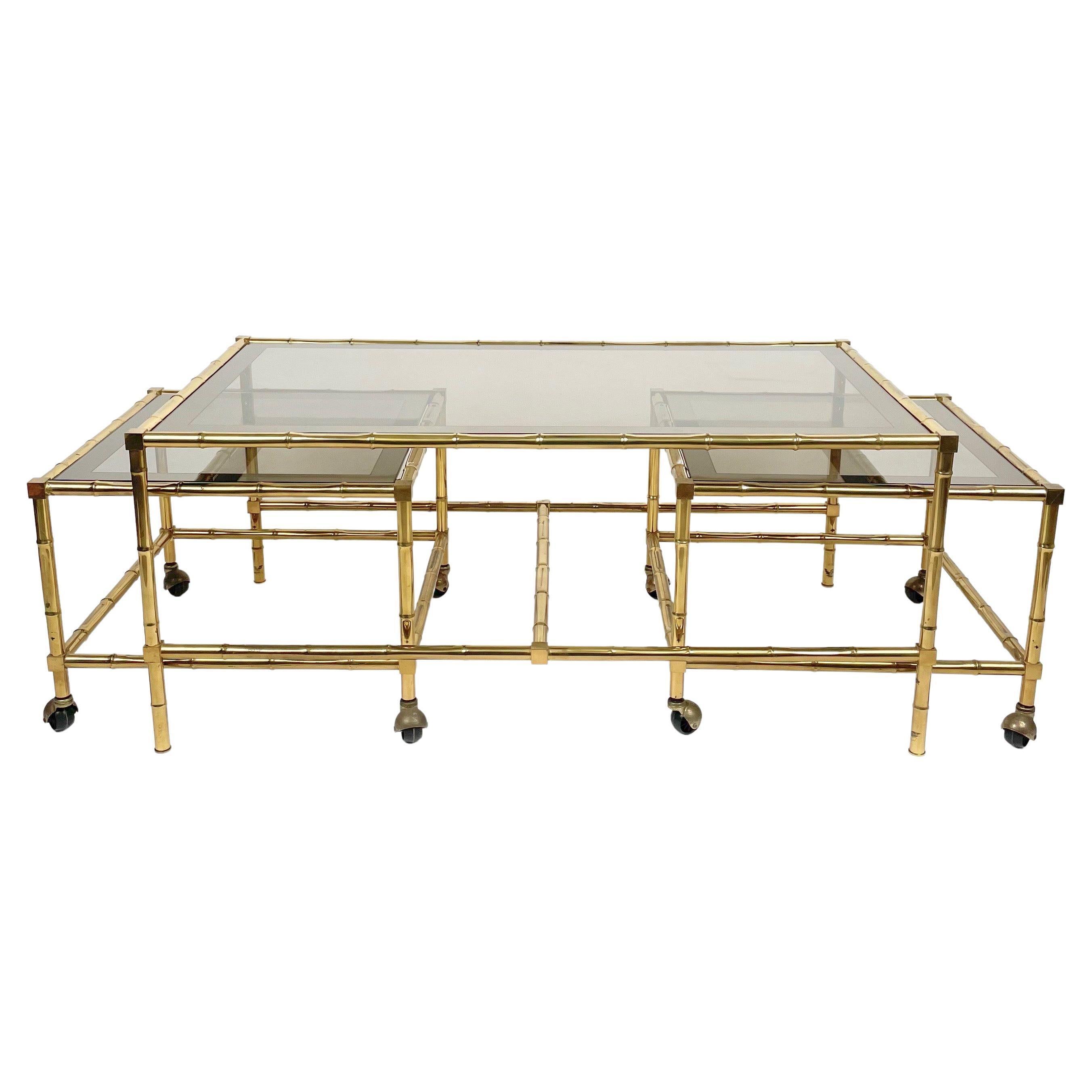 Set of Nesting Coffee Table and Cart in Brass Faux Bamboo and Glass, Italy 1960s