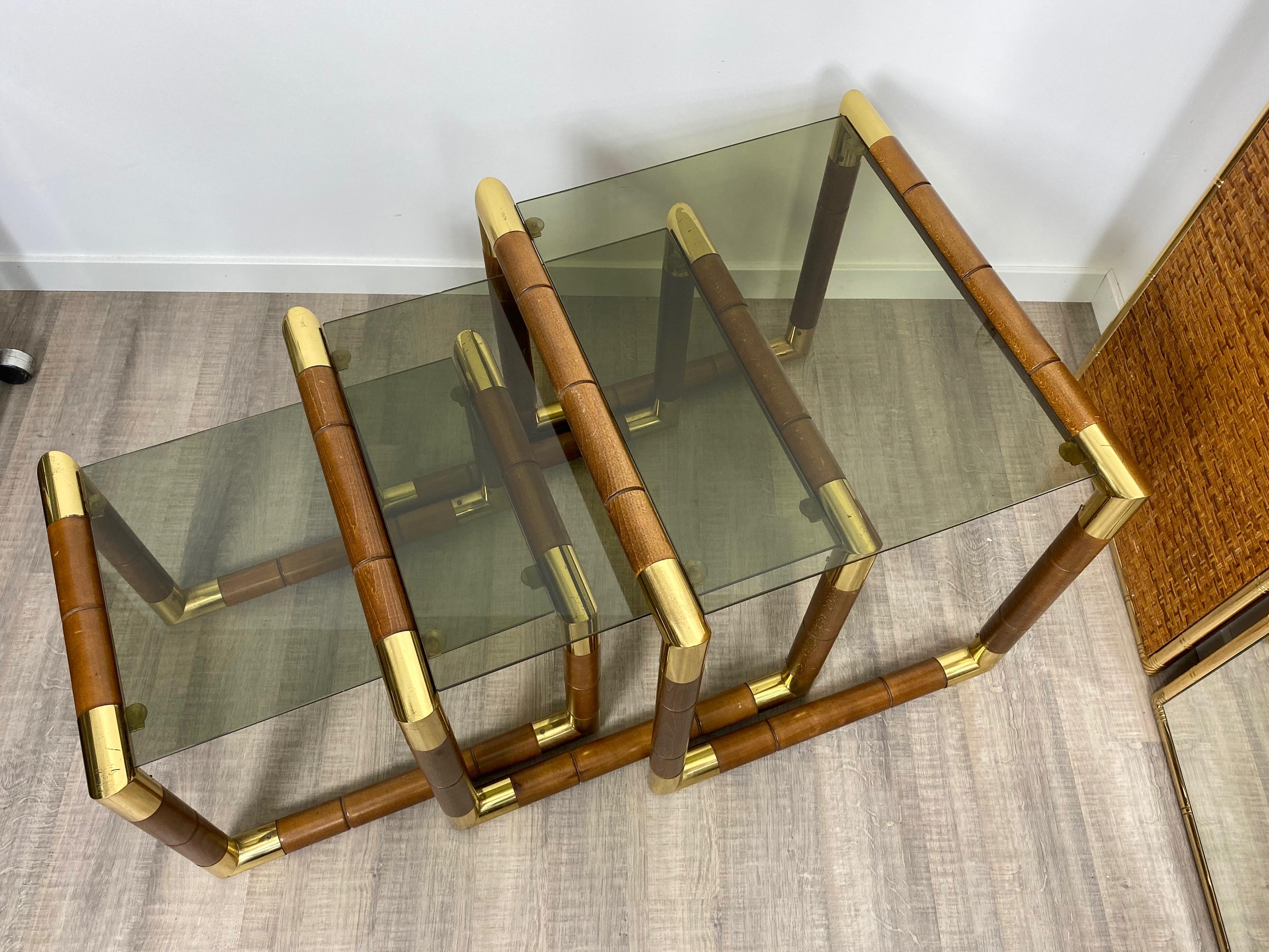 Set of Nesting Table in Wood, Brass and Glass, Italy, 1970s For Sale 4