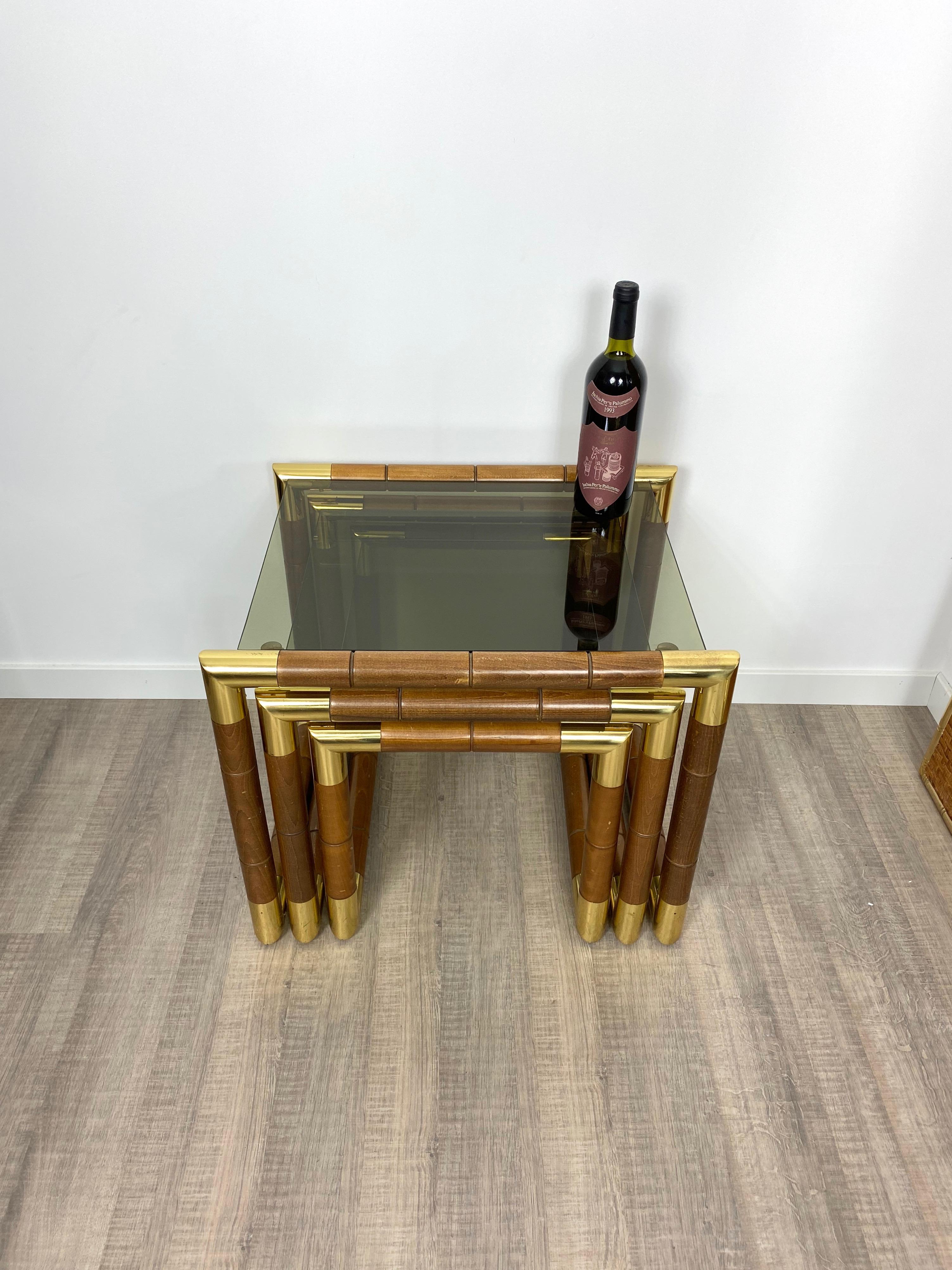 Set of Nesting Table in Wood, Brass and Glass, Italy, 1970s For Sale 7